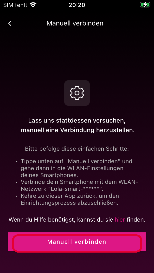 Screen Manuell verbinden mit Anleitung und Button