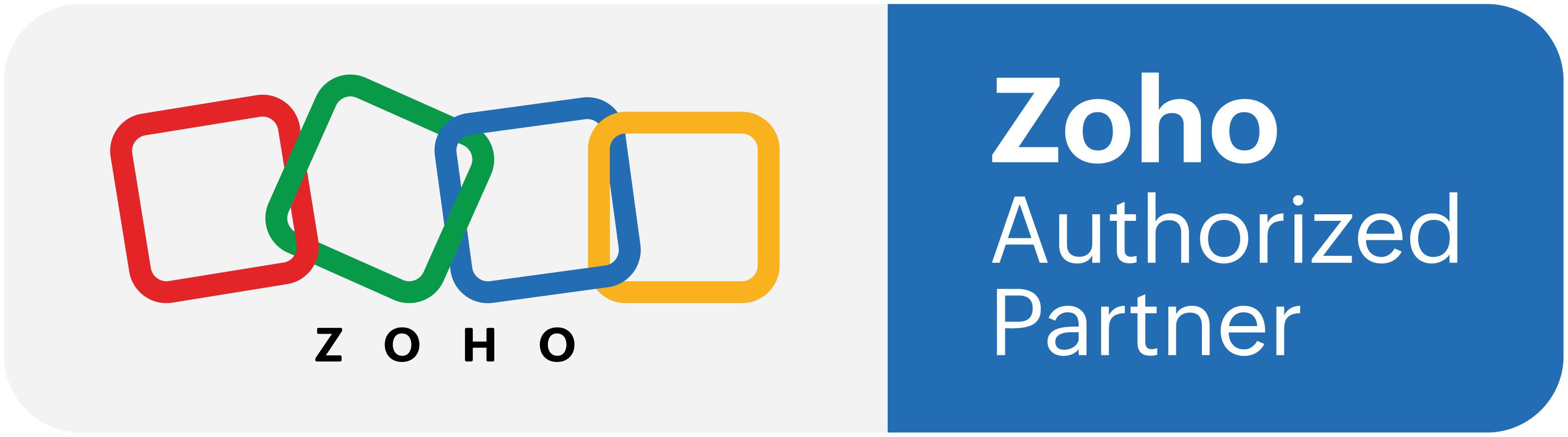 Zoho logo with four overlapping rounded squares in red, green, blue, and yellow, beside text 'Zoho Authorized Partner' on a blue background.