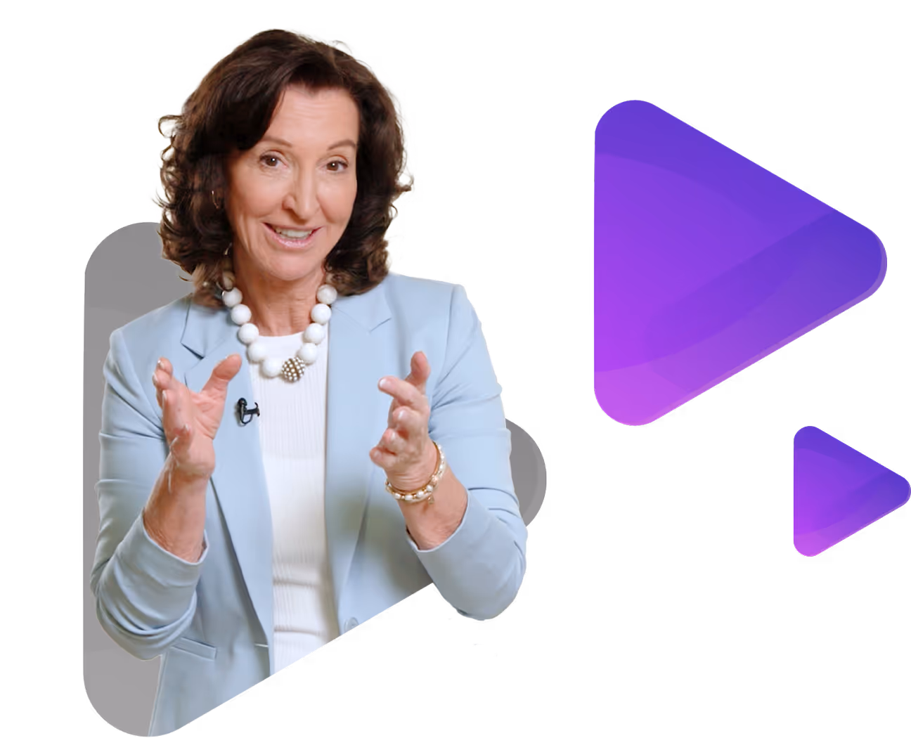 The speaker Astrid in a light blue blazer gesturing as she speaks, with purple play button icons to her right.