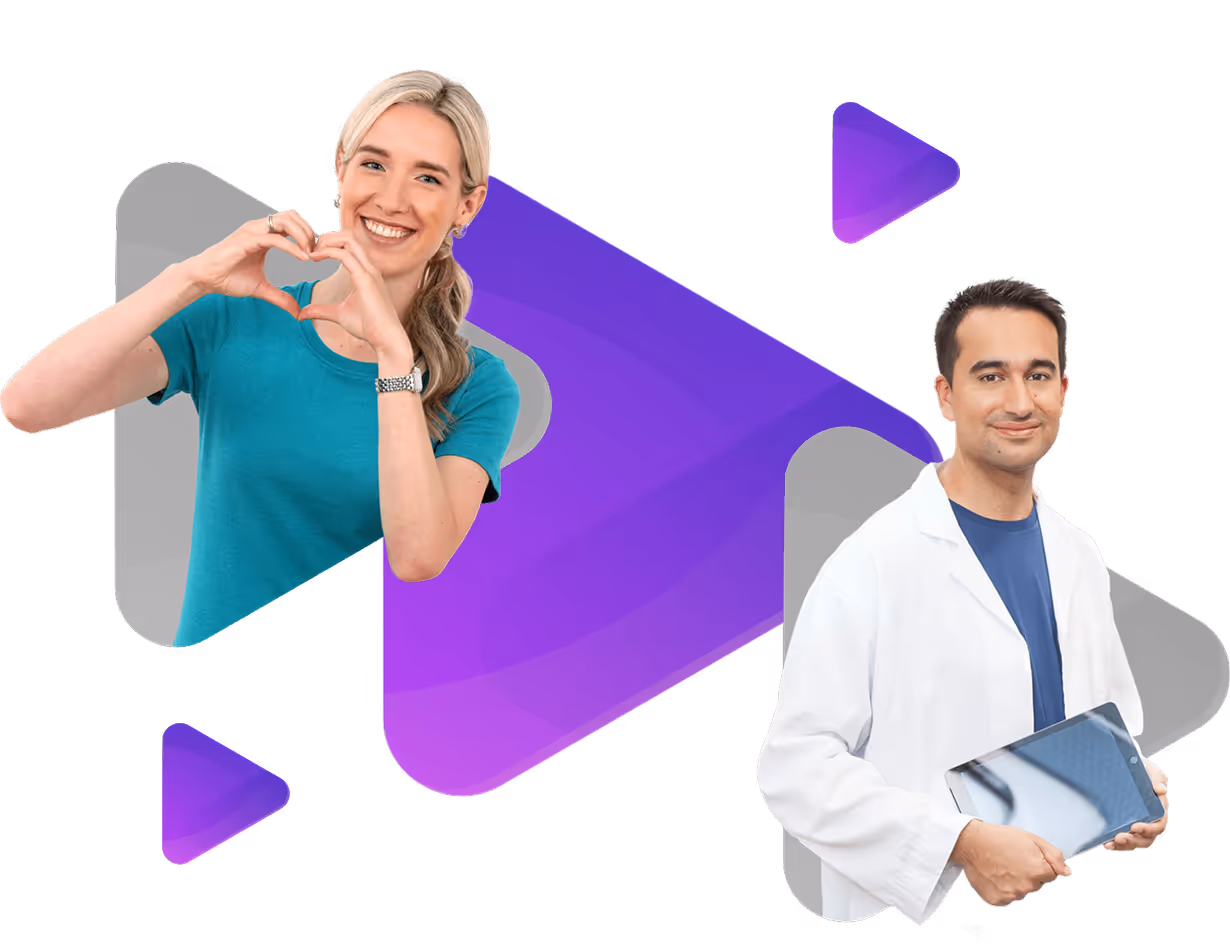 A smiling woman makes a heart shape with her hands and a man in a lab coat holds a tablet, both positioned around a large purple play button icon.