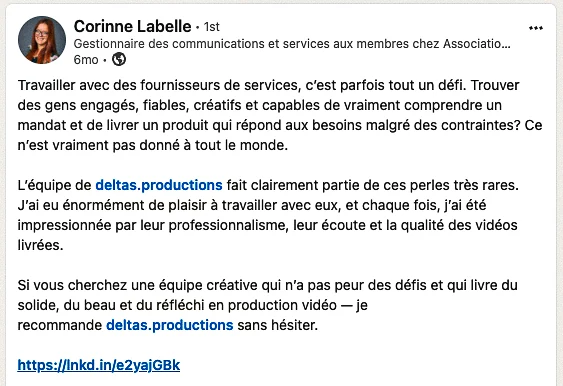 Recommandation LinkedIn de Corinne Labelle, ACPI : l'équipe de Deltas fait clairement partie de ces perles très rares