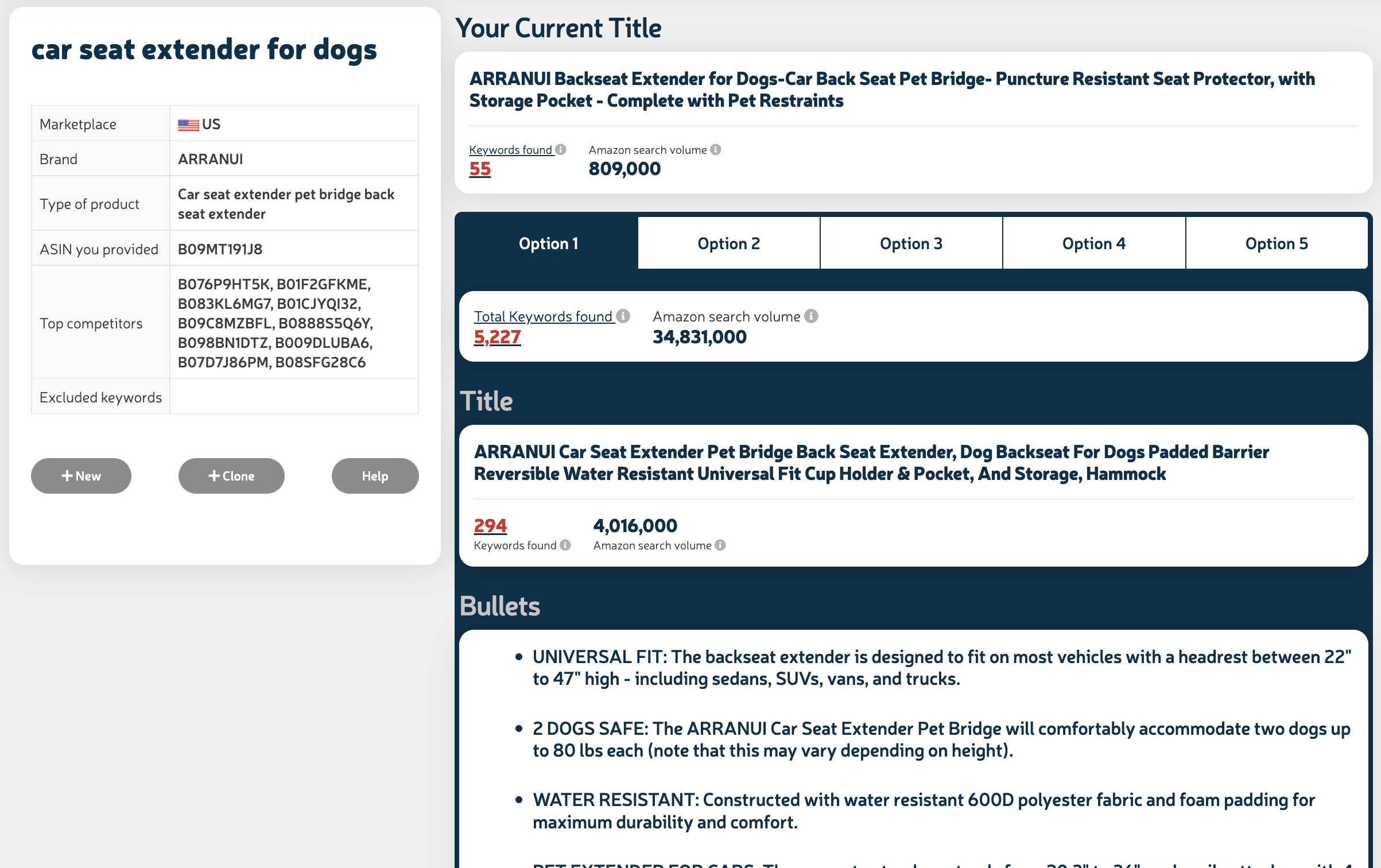 Screenshot of Power Listing’s AI-generated, keyword-optimized Amazon product listing for a car seat extender for dogs