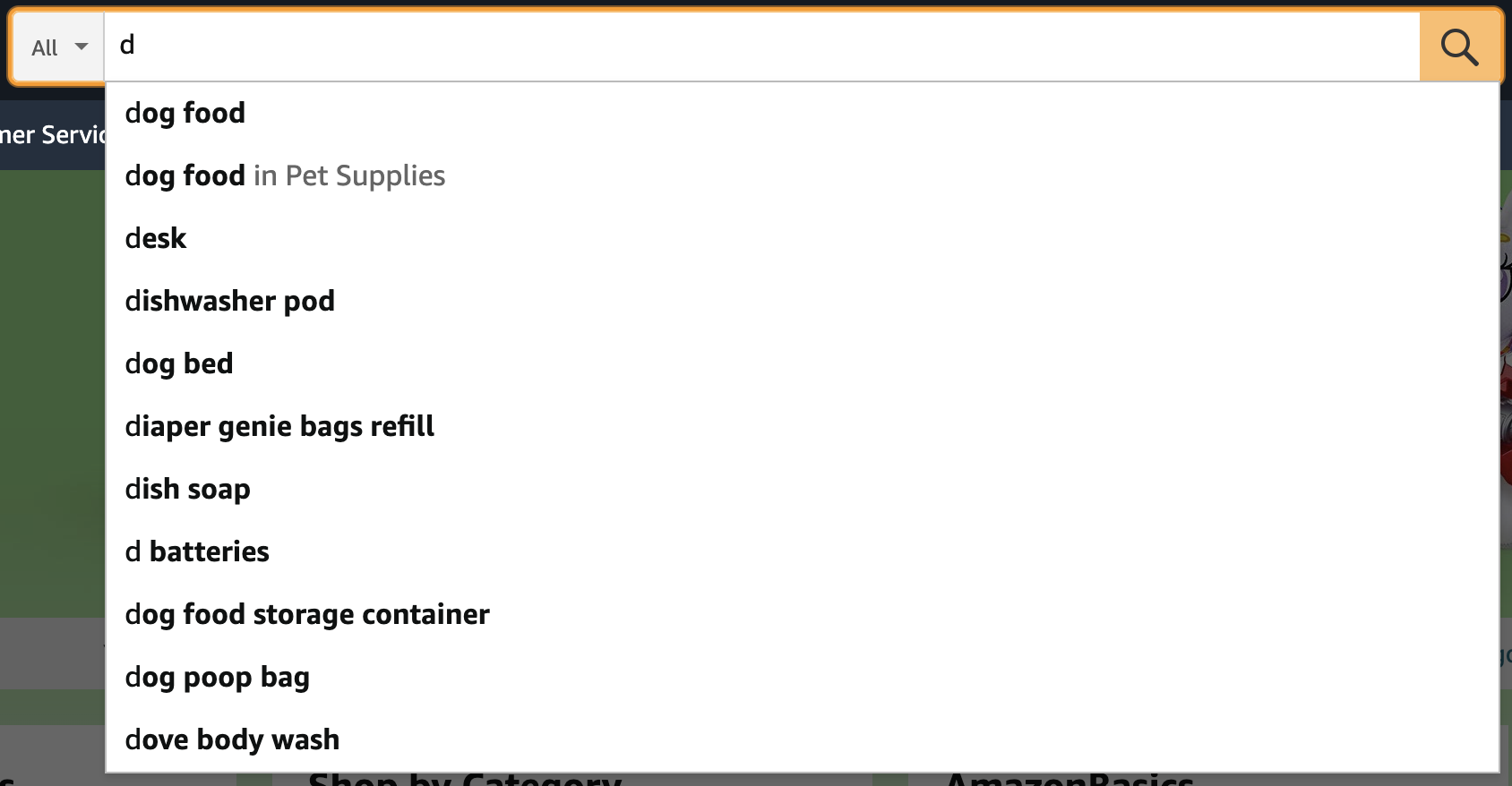 Autocomplete search box on the Amazon homepage with the letter d typed into the box and all the resulting suggestions