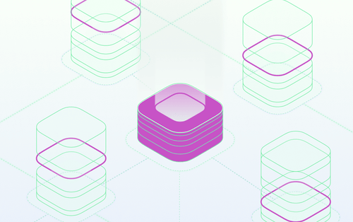 Abstract illustration of stacked, rounded data layers connected in a network grid, with a central highlighted stack in purple and surrounding stacks outlined in green, representing user cohorts and segmented data groups within an analytics system.