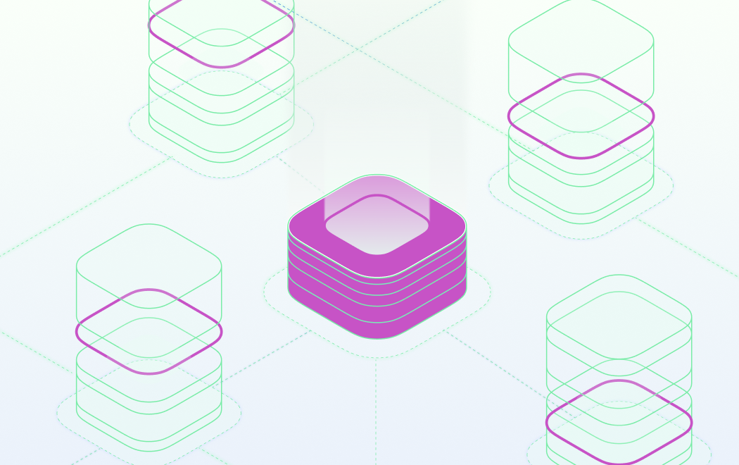Abstract illustration of stacked, rounded data layers connected in a network grid, with a central highlighted stack in purple and surrounding stacks outlined in green, representing user cohorts and segmented data groups within an analytics system.