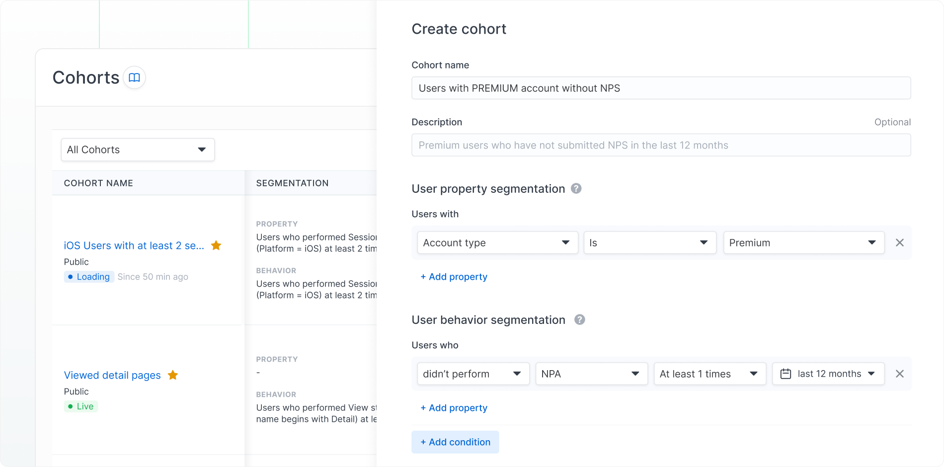 Screenshot of Countly’s Cohorts feature. On the left, a “Cohorts” list shows existing segments like “iOS Users with at least 2 sessions” (loading) and “Viewed detail pages” (live). On the right, a “Create cohort” panel displays a form with fields for Cohort name (“Users with PREMIUM account without NPS”), optional description, user property segmentation (Account type is Premium), and user behavior segmentation (users who didn’t perform NPA at least once in the last 12 months), with options to add properties or conditions.