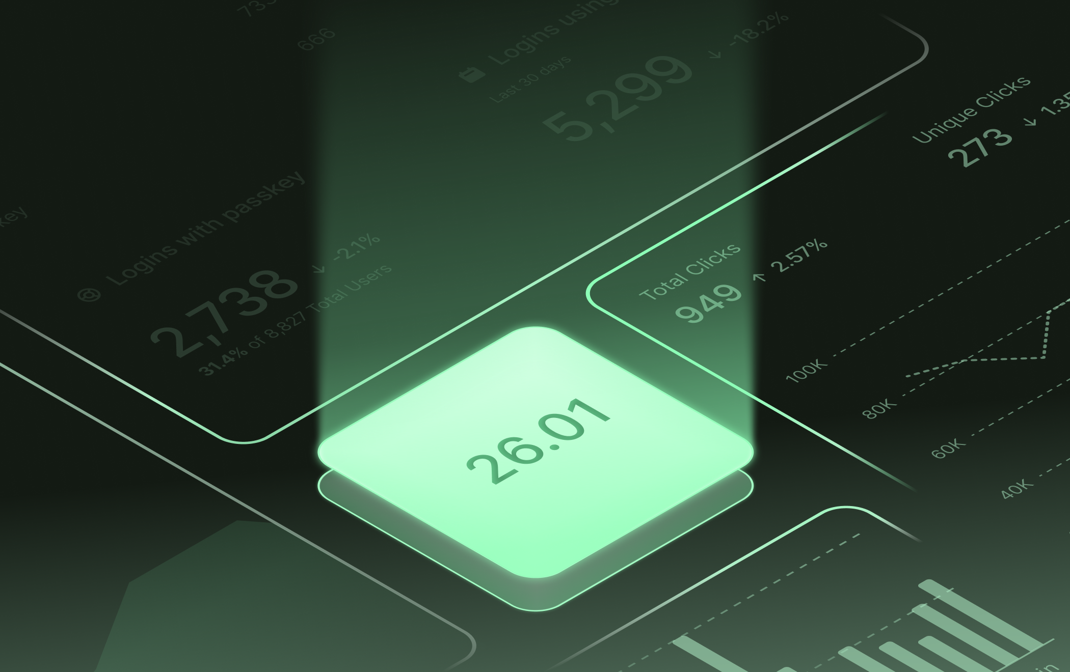 Abstract dark green illustration of Countly 26.01 with glowing dashboard metrics representing real-time analytics data