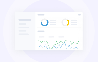 Minimal analytics dashboard illustration with doughnut charts and a dual-line graph.