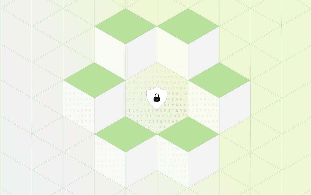 Isometric cubes around a shield with a padlock, symbolizing data privacy protection.