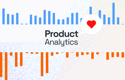 Product Analytics title between blue and orange bar charts with a heart speech bubble.