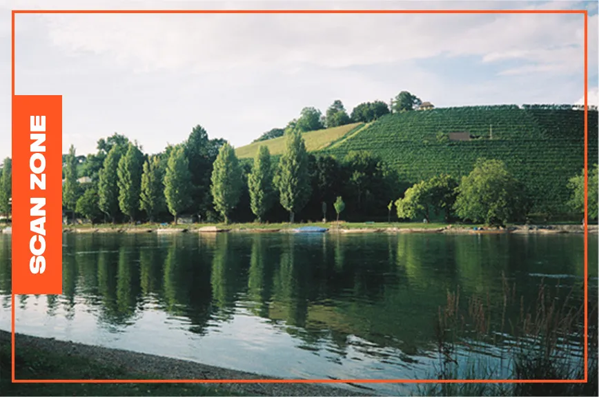 Lake photograph with the normal scan area marked in orange