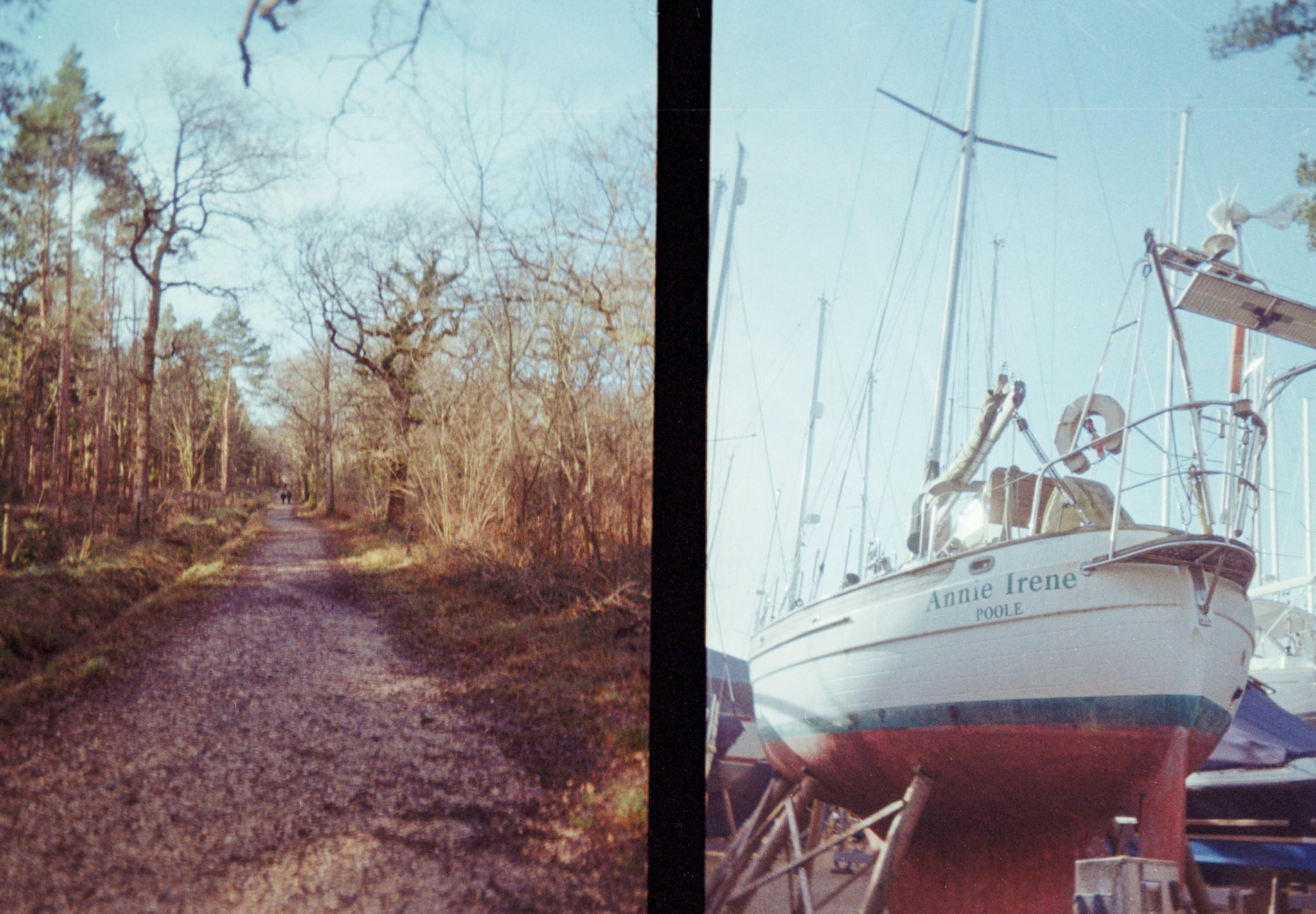 Half-frame pair showing a woodland path and a boat
