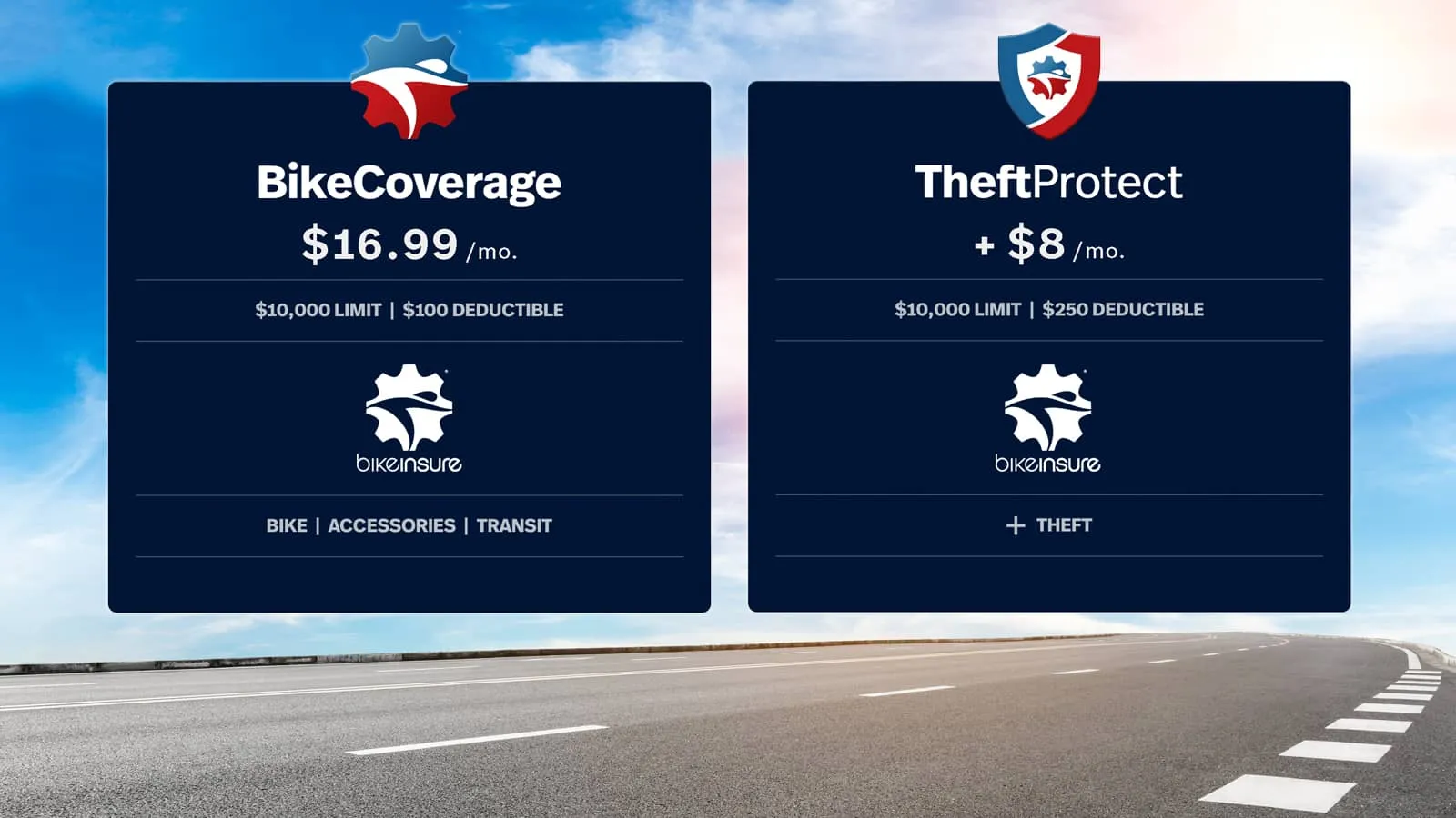 Bike Coverage $16.99 a month. Theft Protection add $8 a month