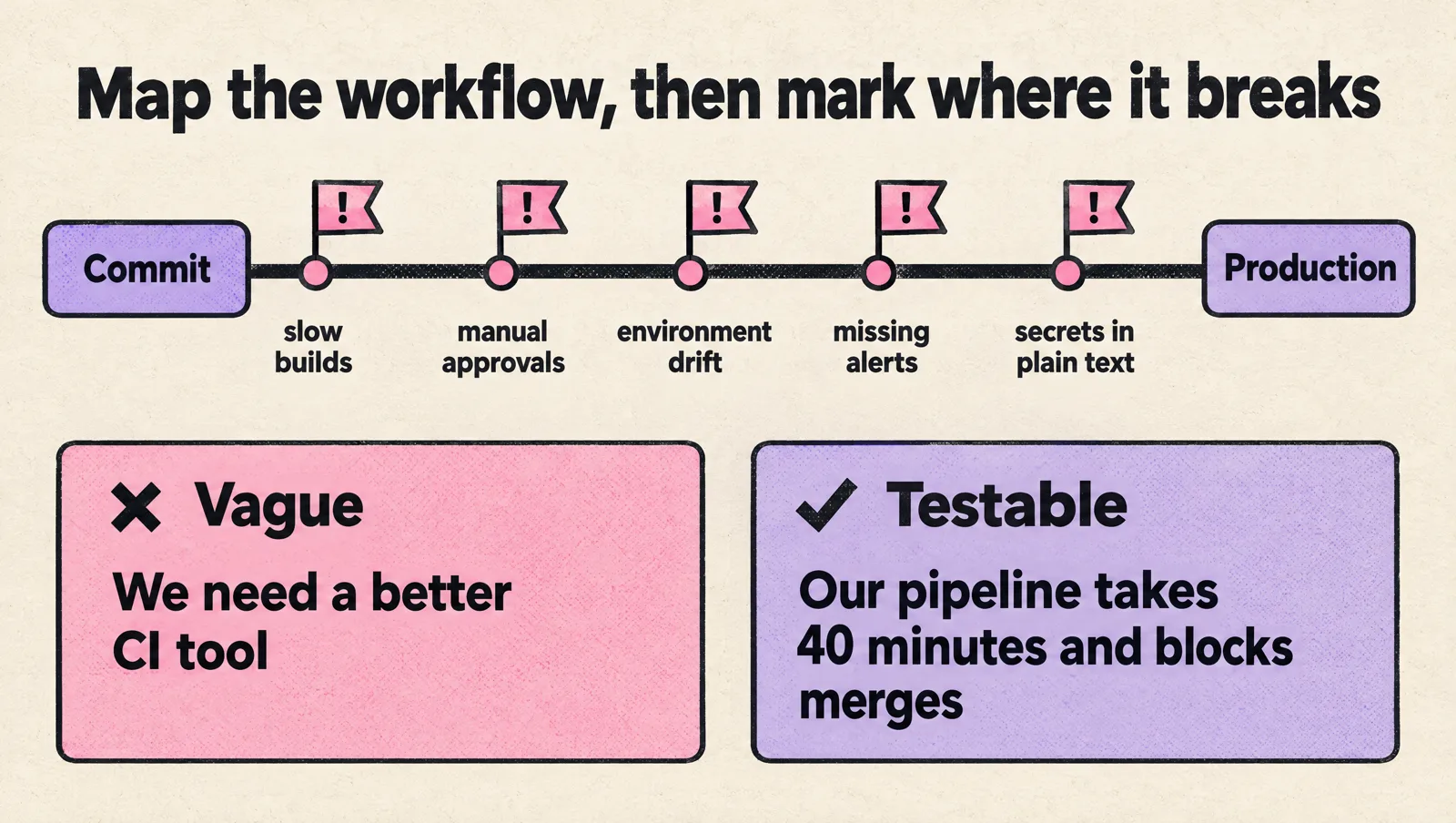A pipeline from commit to production with five flagged failure points: slow builds, manual approvals, environment drift, missing alerts and secrets in plain text; below, the vague goal "We need a better CI tool" next to the testable goal "Our pipeline takes 40 minutes and blocks merges".