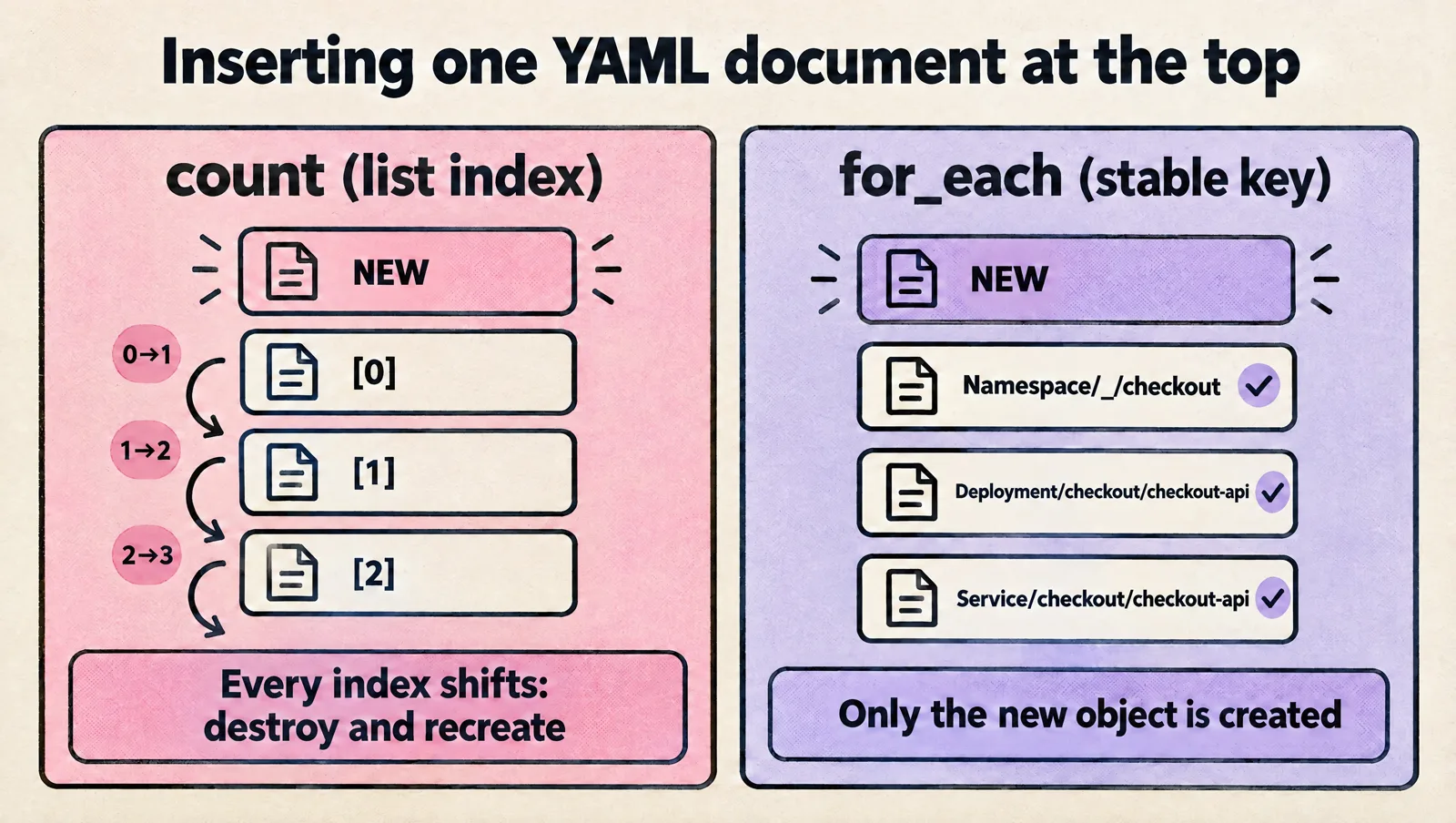 Comparison of inserting one YAML document at the top: with count, every list index shifts and Terraform destroys and recreates the objects; with for_each keyed by kind, namespace and name, existing objects keep their keys and only the new object is created.