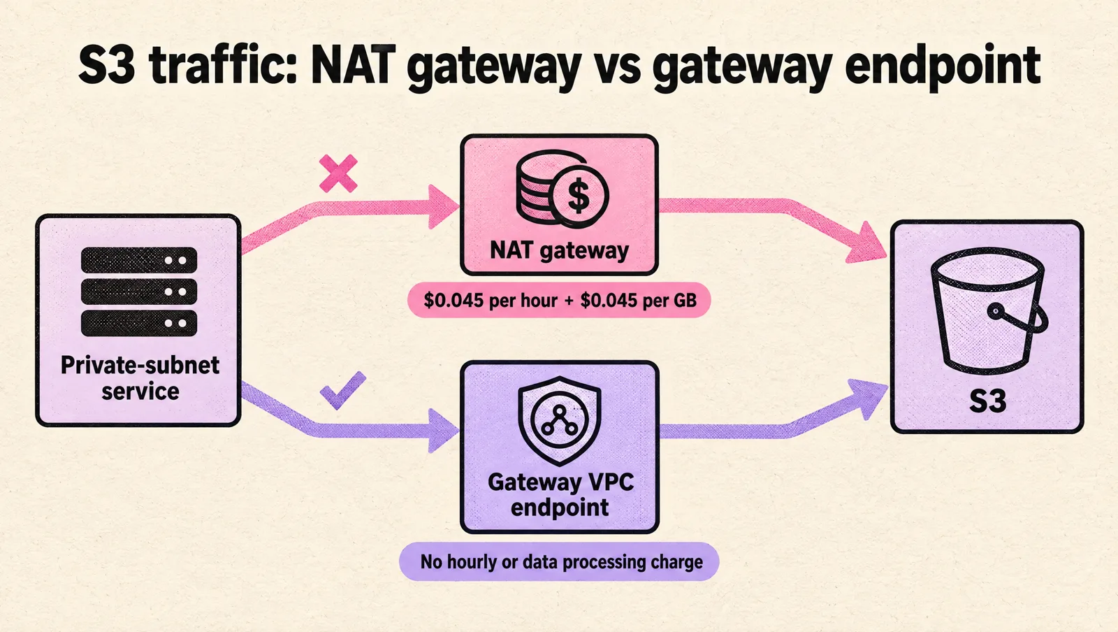 A private-subnet service reaching S3 through a NAT gateway pays $0.045 per hour plus $0.045 per GB, while the same traffic through a gateway VPC endpoint has no hourly or data processing charge.