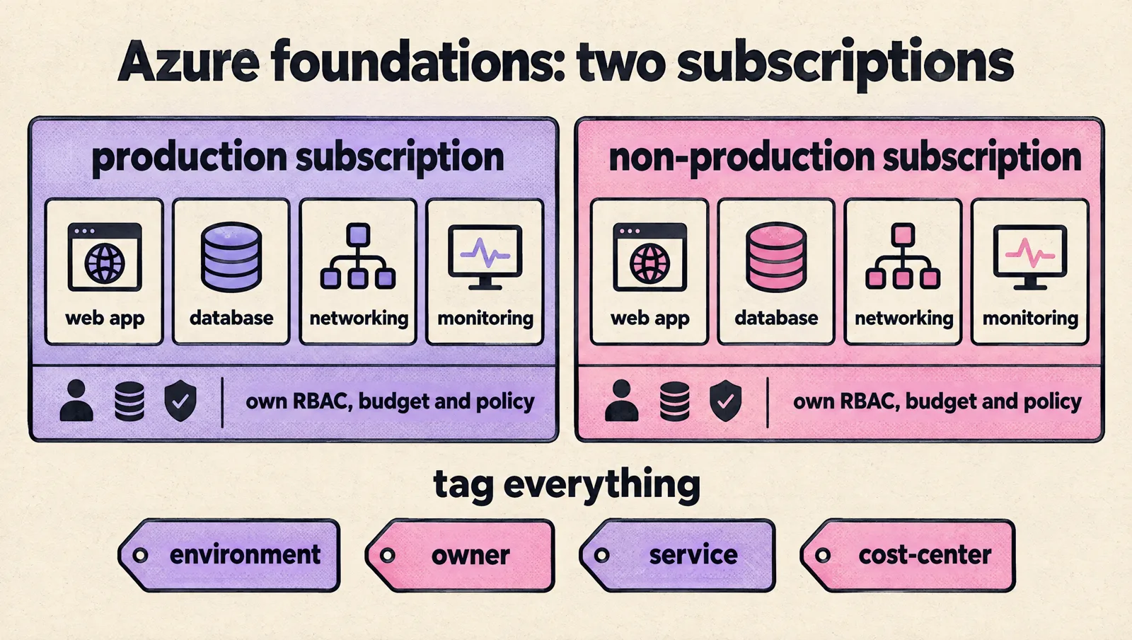 Diagram of Azure foundations: a production subscription and a non-production subscription, each with resource groups for web app, database, networking and monitoring and its own RBAC, budget and policy, plus four tags on everything: environment, owner, service, cost-center.