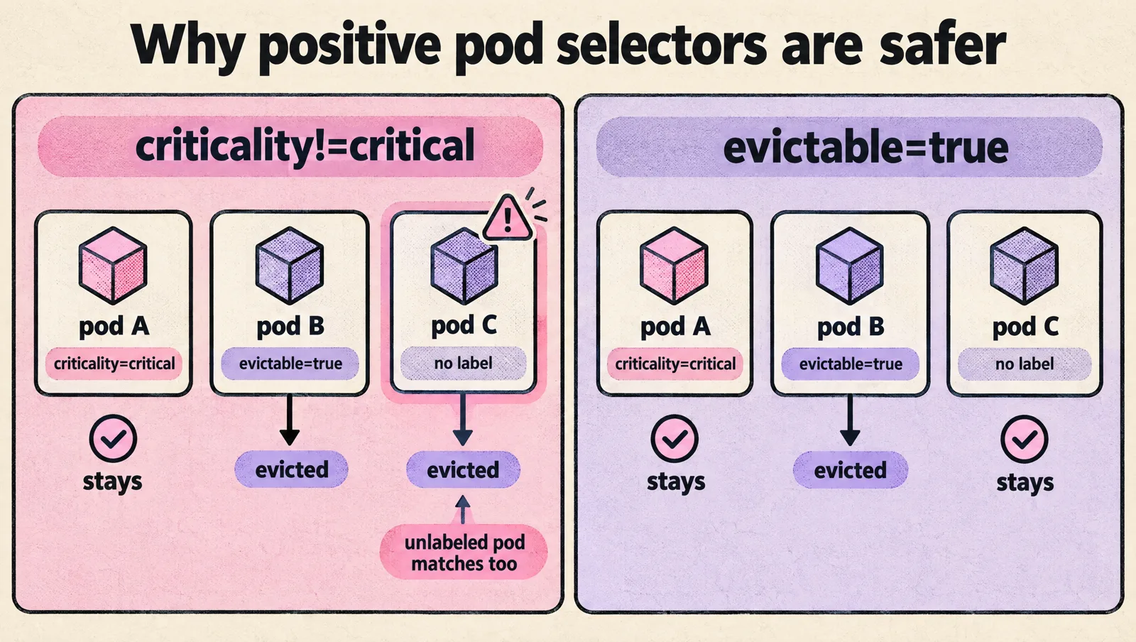 Comparison of two pod selectors on three pods labeled criticality=critical, evictable=true and no label: criticality!=critical evicts both the evictable pod and the unlabeled pod, while evictable=true evicts only the evictable pod and leaves the other two in place.