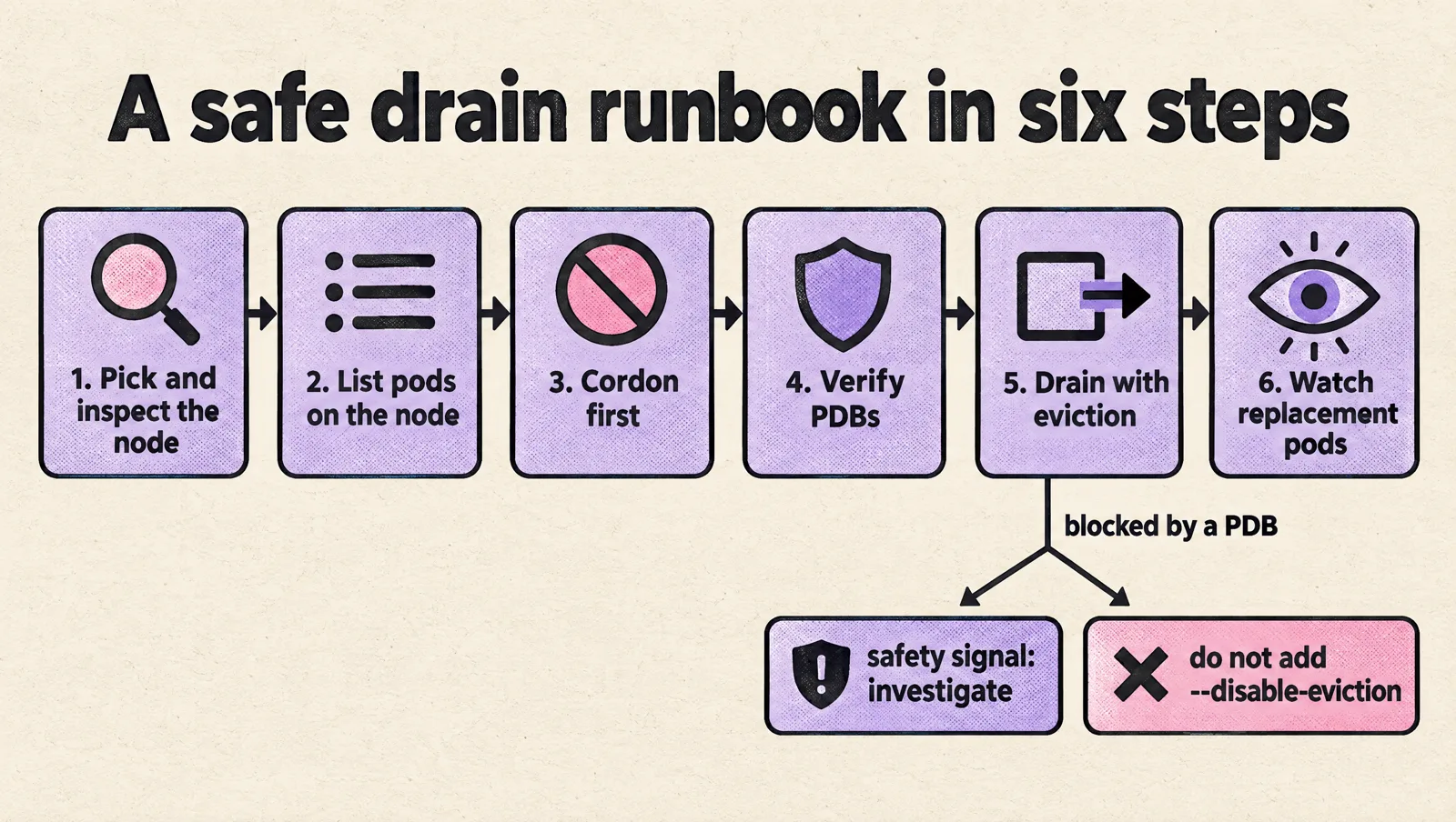 Six step drain runbook: pick and inspect the node, list pods on the node, cordon first, verify PDBs, drain with eviction, watch replacement pods; if the drain is blocked by a PDB, treat it as a safety signal and do not add --disable-eviction.