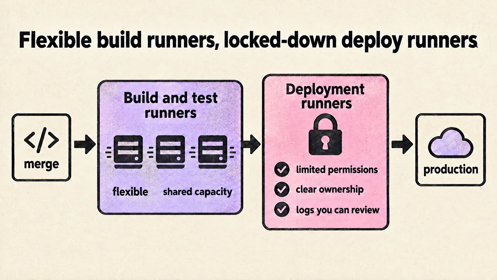 Flow from merge to production: flexible build and test runners on shared capacity, then deployment runners with limited permissions, clear ownership and logs you can review.