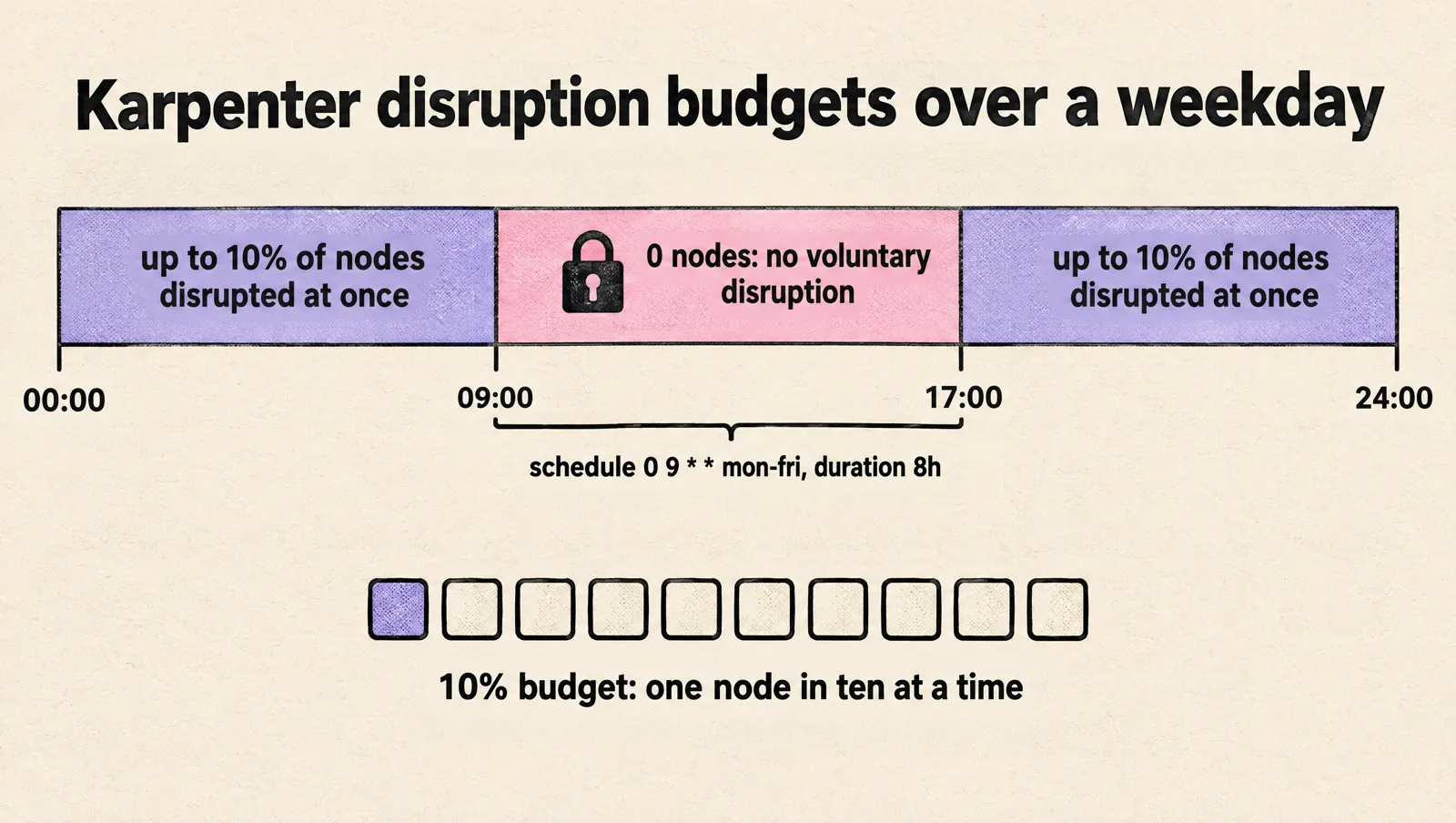 Timeline of a weekday under the example NodePool budgets: up to 10% of nodes can be disrupted at once outside business hours, and 0 nodes from 09:00 to 17:00 under the schedule 0 9 * * mon-fri with duration 8h.