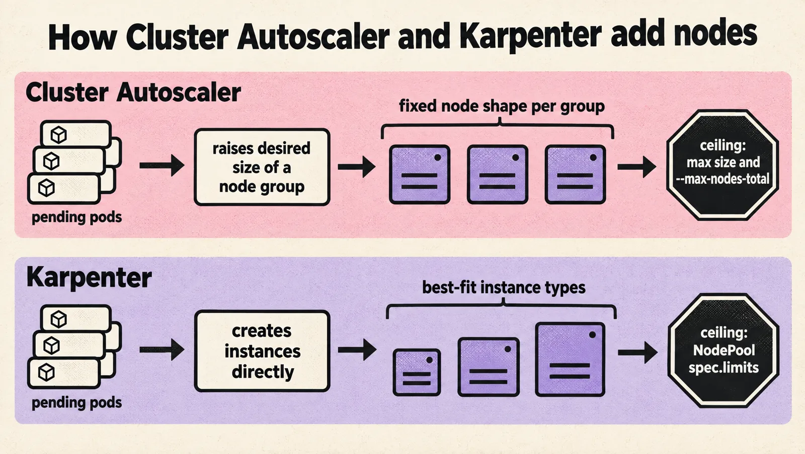 Two lanes compare node autoscalers: Cluster Autoscaler turns pending pods into a larger node group with a fixed node shape, capped by max size and --max-nodes-total; Karpenter creates best-fit instances directly, capped by NodePool spec.limits.
