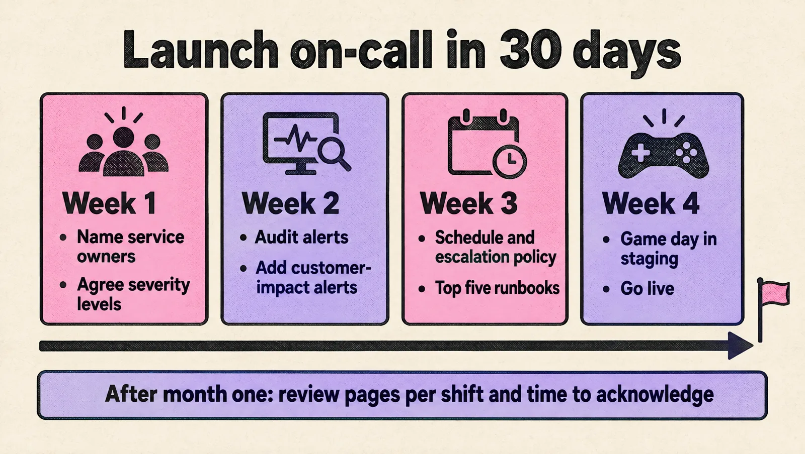 Timeline for launching on-call in 30 days: week 1 name service owners and agree severity levels, week 2 audit alerts and add customer-impact alerts, week 3 set up the schedule, escalation policy and top five runbooks, week 4 run a game day in staging and go live, then review pages per shift and time to acknowledge after month one.