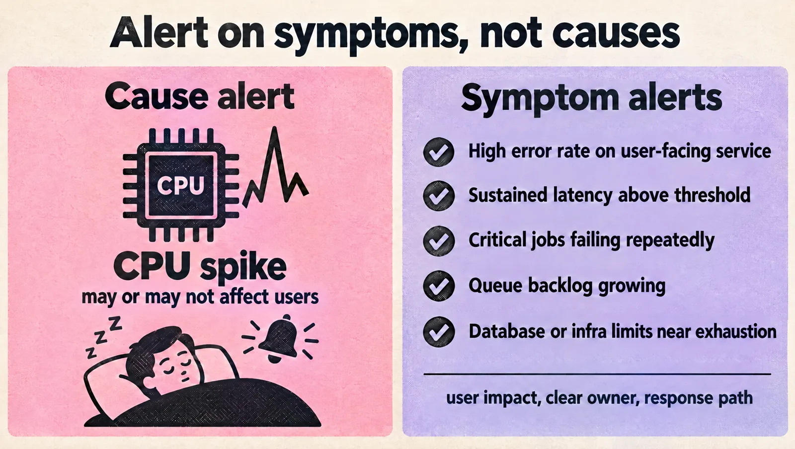 Comparison of a cause alert, a CPU spike that may or may not affect users, against five symptom alerts: high error rate on a user-facing service, sustained latency above threshold, critical jobs failing repeatedly, queue backlog growing, and database or infra limits near exhaustion.