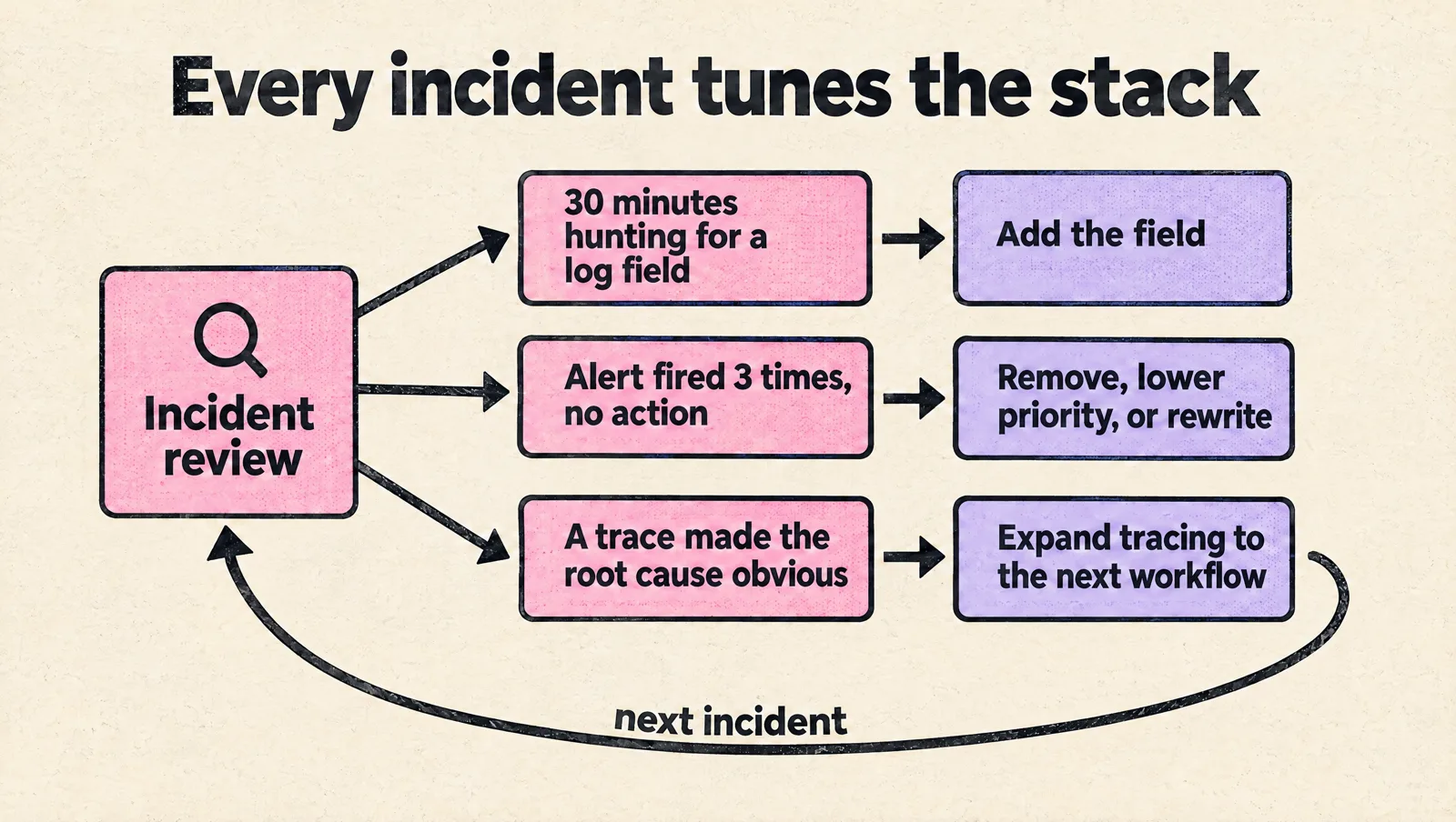 Incident review loop: 30 minutes hunting for a log field leads to adding the field, an alert that fired 3 times with no action is removed, lowered in priority or rewritten, and a trace that made the root cause obvious leads to expanding tracing to the next workflow.