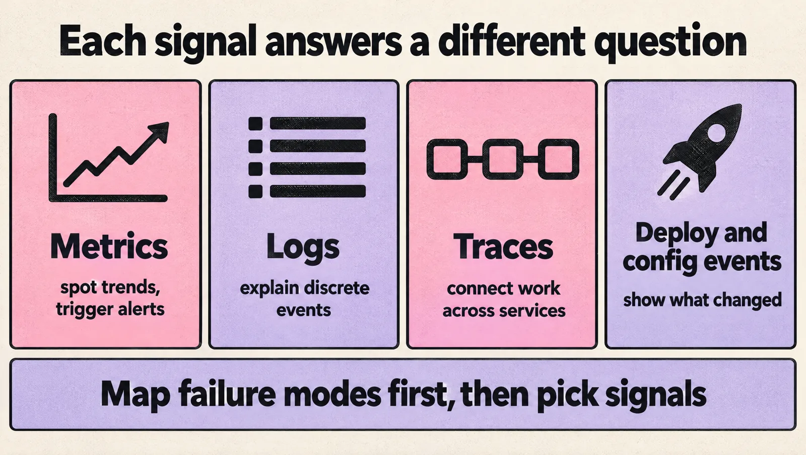 Four cards showing what each observability signal is for: metrics spot trends and trigger alerts, logs explain discrete events, traces connect work across services, and deploy and config events show what changed.