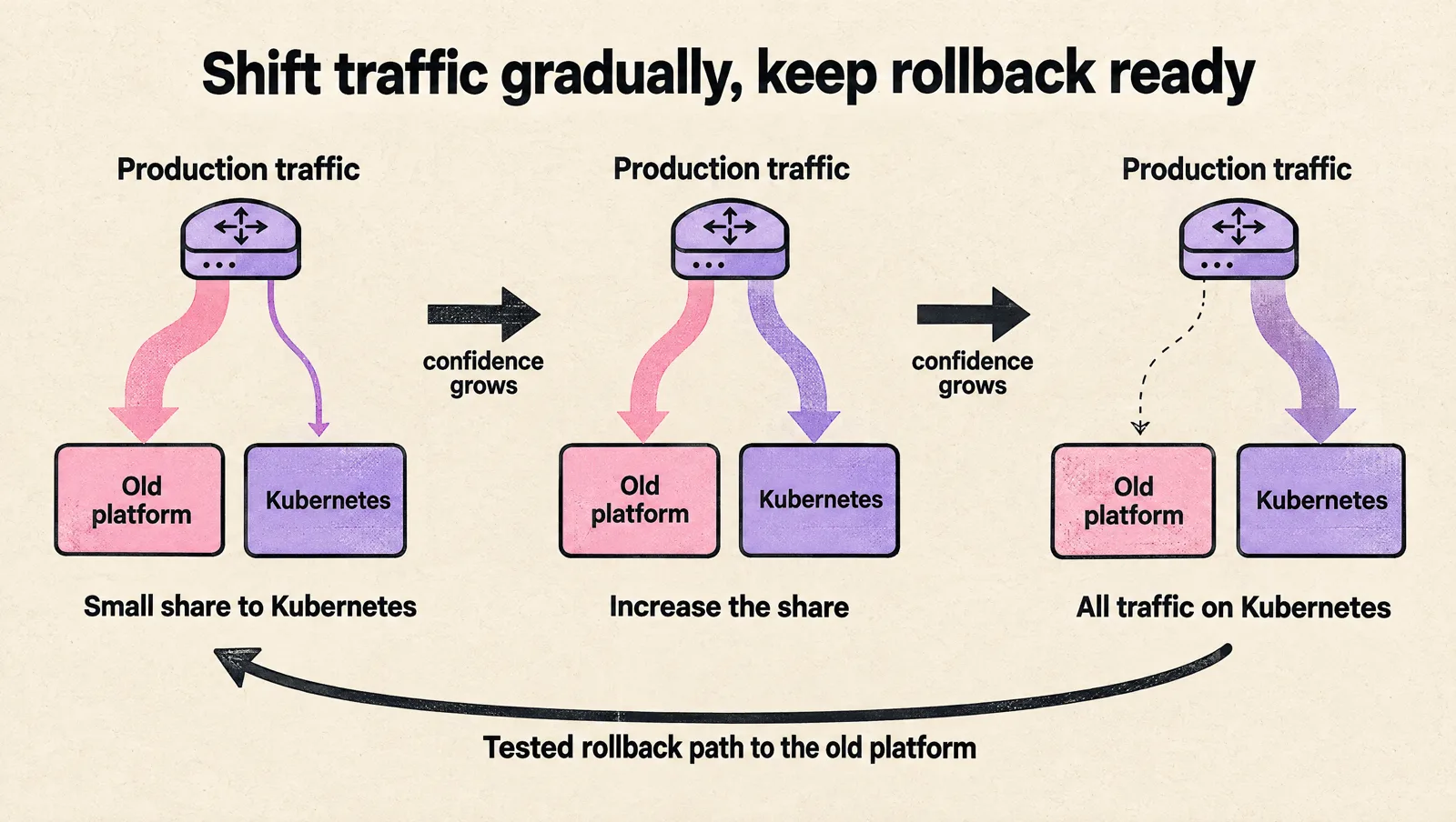 Three stages of a percentage-based traffic shift from the old platform to Kubernetes: a small share first, then a larger share as confidence grows, then all traffic on Kubernetes, with a tested rollback path back to the old platform.