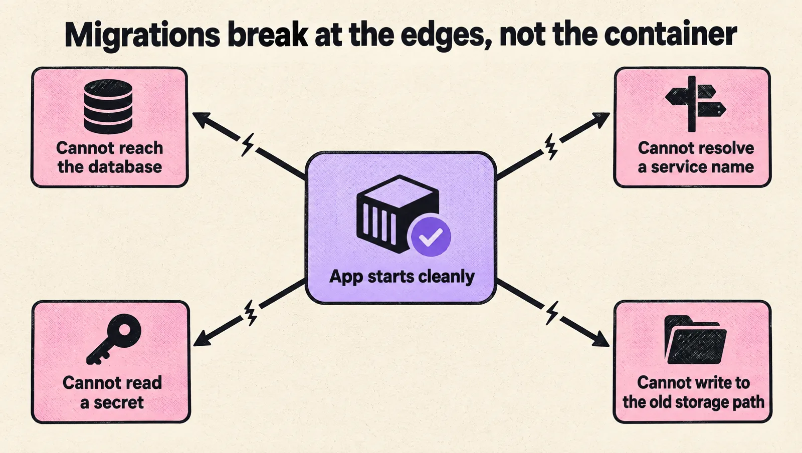 Diagram of an app that starts cleanly in Kubernetes but fails at its edges: it cannot reach the database, resolve a service name, read a secret, or write to the old storage path.