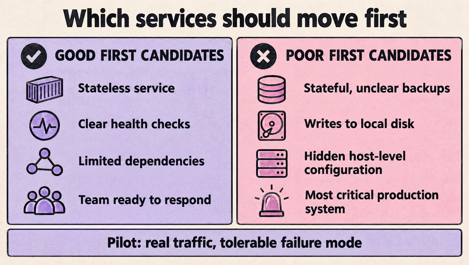 Comparison of good first migration candidates (stateless service, clear health checks, limited dependencies, team ready to respond) with poor first candidates (stateful with unclear backups, writes to local disk, hidden host-level configuration, most critical production system).