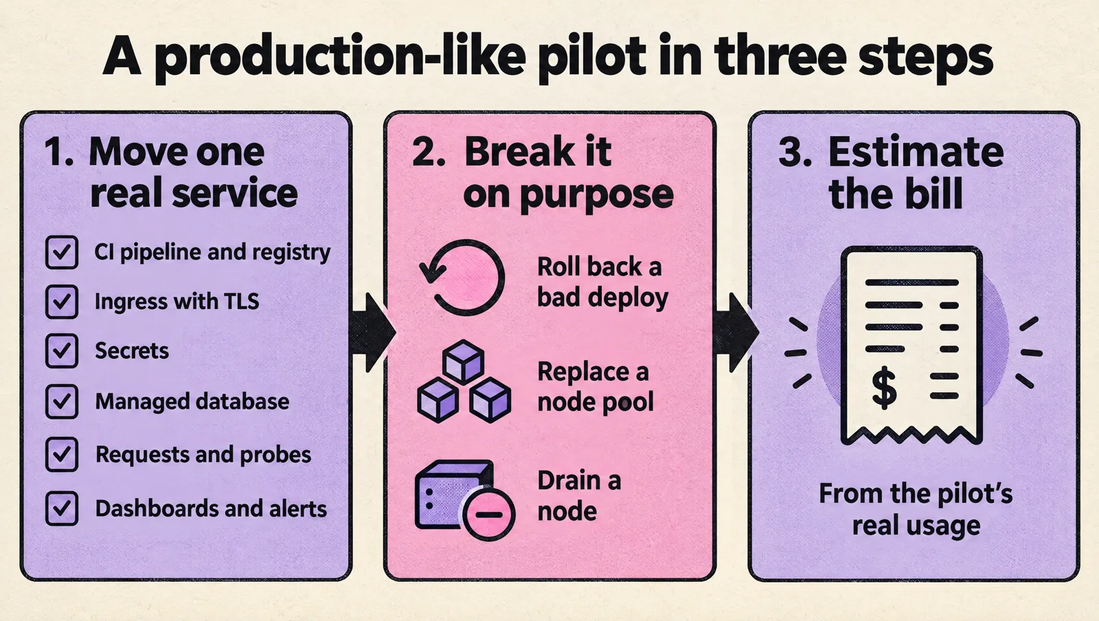 Three-step pilot: move one real service through CI pipeline and registry, ingress with TLS, secrets, a managed database, requests and probes, and dashboards and alerts; break it on purpose by rolling back a bad deploy, replacing a node pool and draining a node; then estimate the bill from the pilot's real usage.