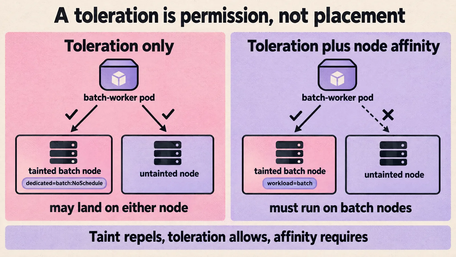 Side by side comparison: a batch-worker pod with only a toleration may land on either the tainted batch node or an untainted node, while a pod with a toleration plus node affinity on workload=batch must run on the batch nodes. Taint repels, toleration allows, affinity requires.