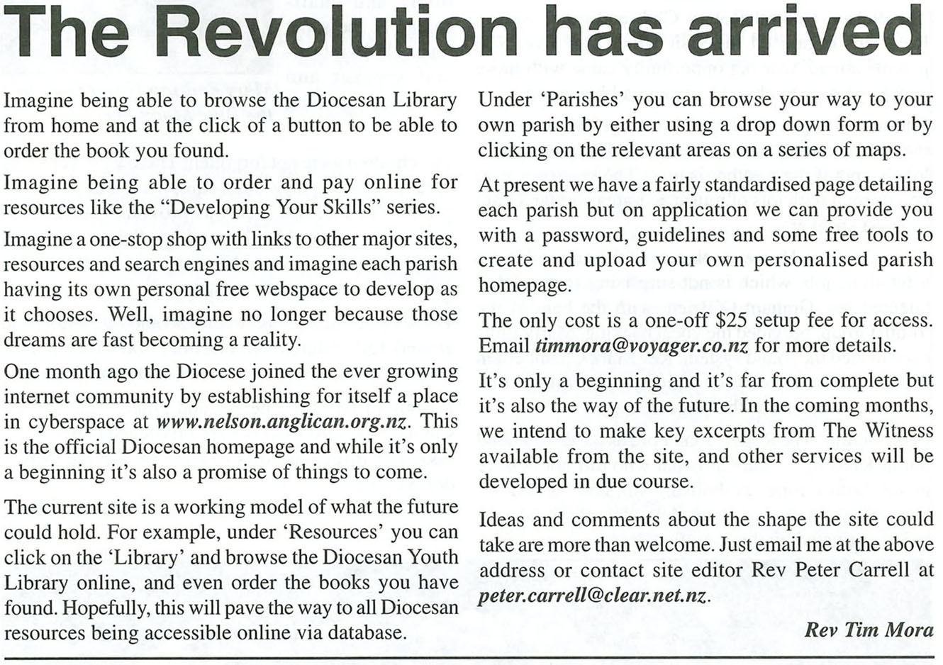 An excerpt from The Witness from May 2000 titled "The Revolution has arrived" by Tim Mora