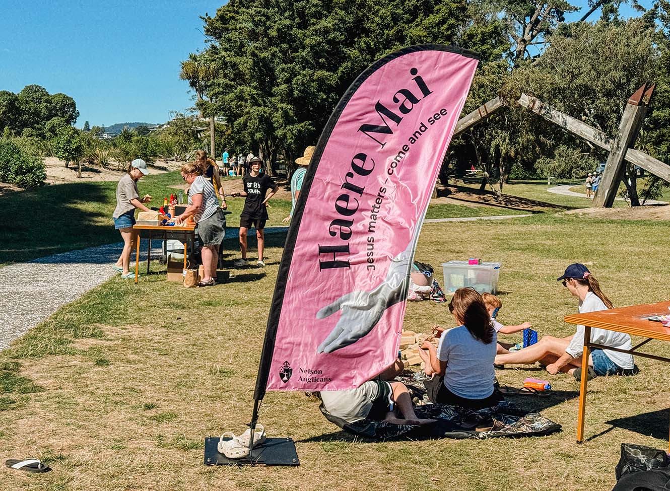 A Haere Mai banner at Tahunanui Beach