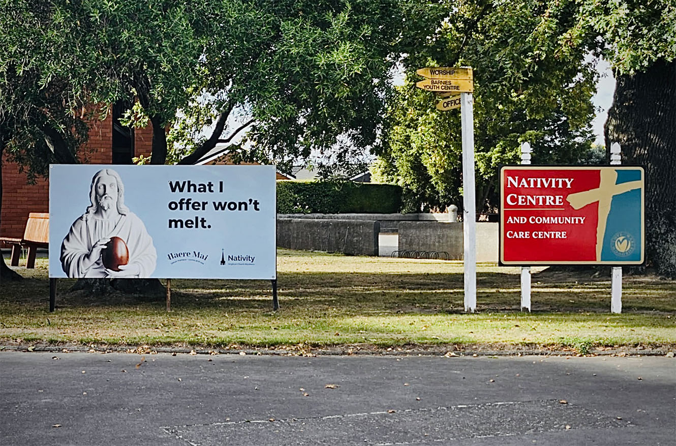 A Haere Mai billboard outside Nativity Church in Blenheim 