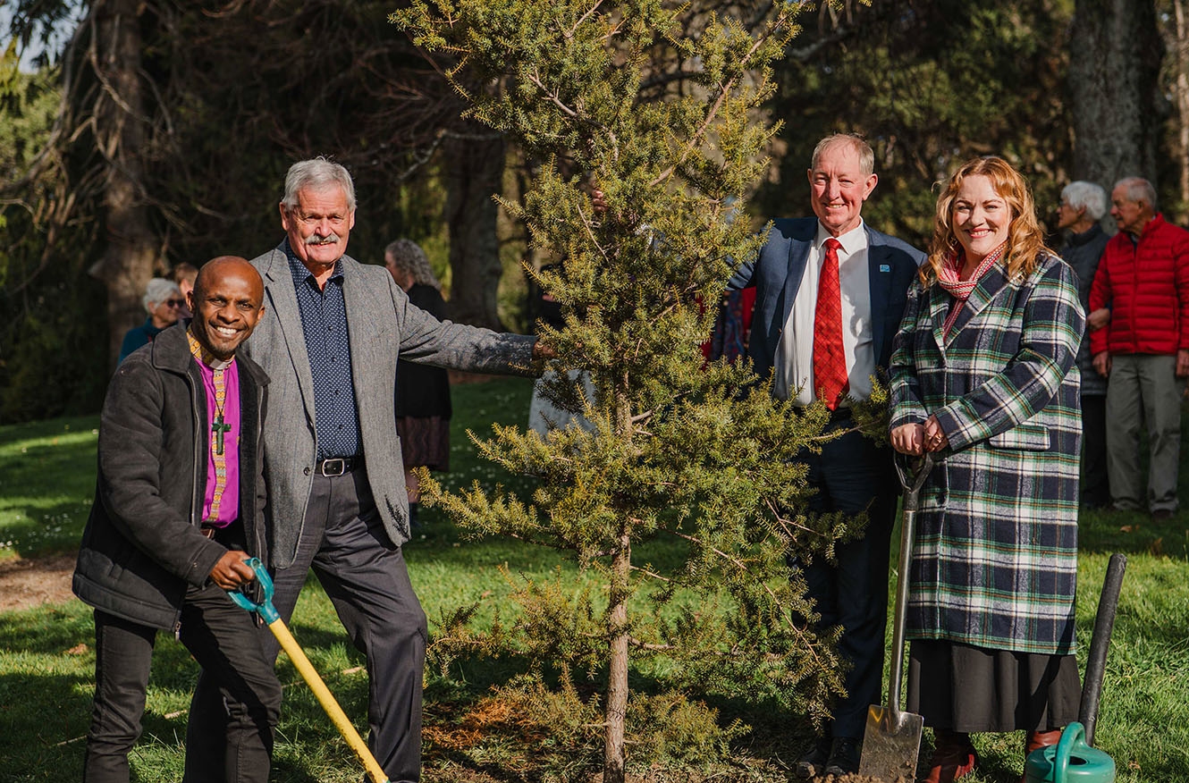 Bishop Steve, Tasman Councillor Kit Maling, Nelson Mayor Nick Smith & Nelson MP Rachel Boyack stand by the newly planted ceremonial tree