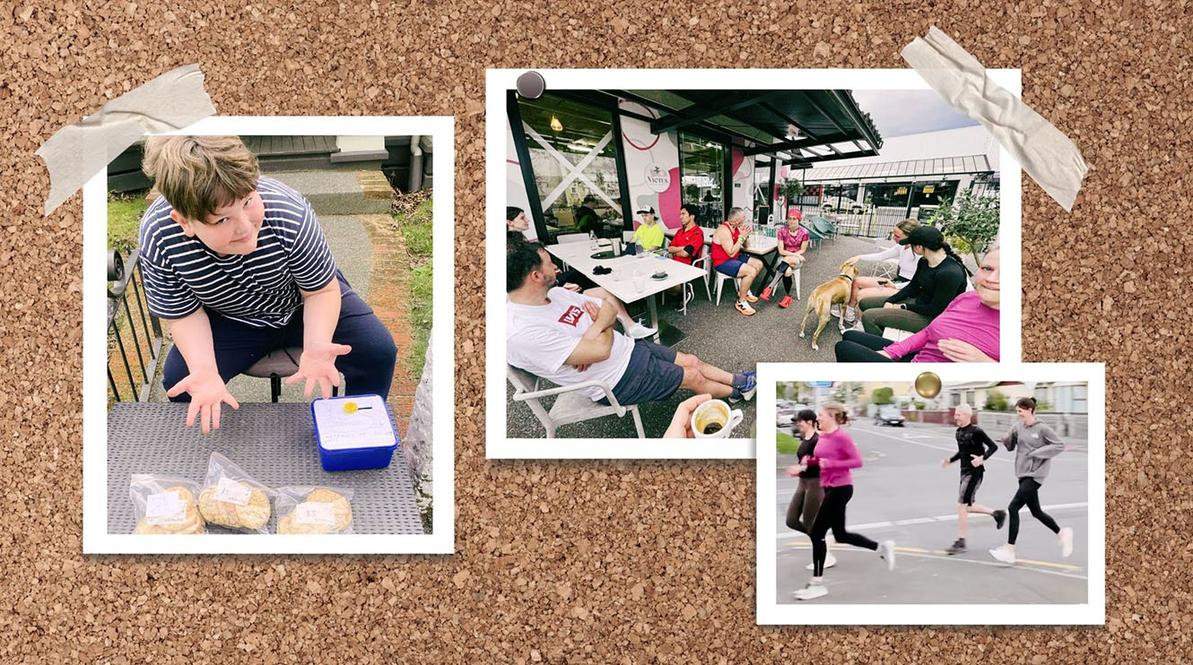 a cork board with photos, one of a boy selling cookies, two of a running club