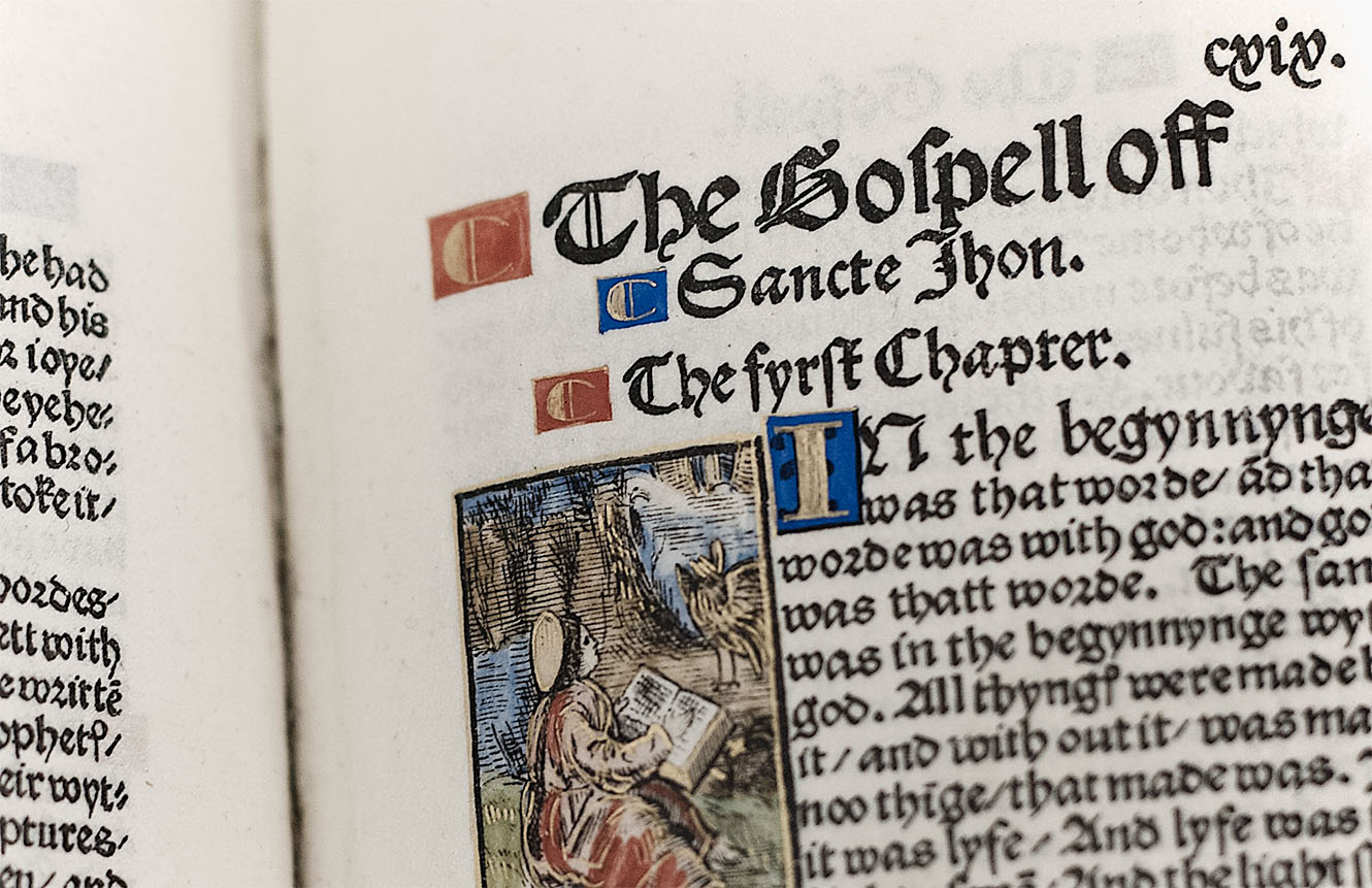 The beginning verses of the Gospel of John, from a facsimile edition of William Tyndale's 1525 English translation of the New Testament