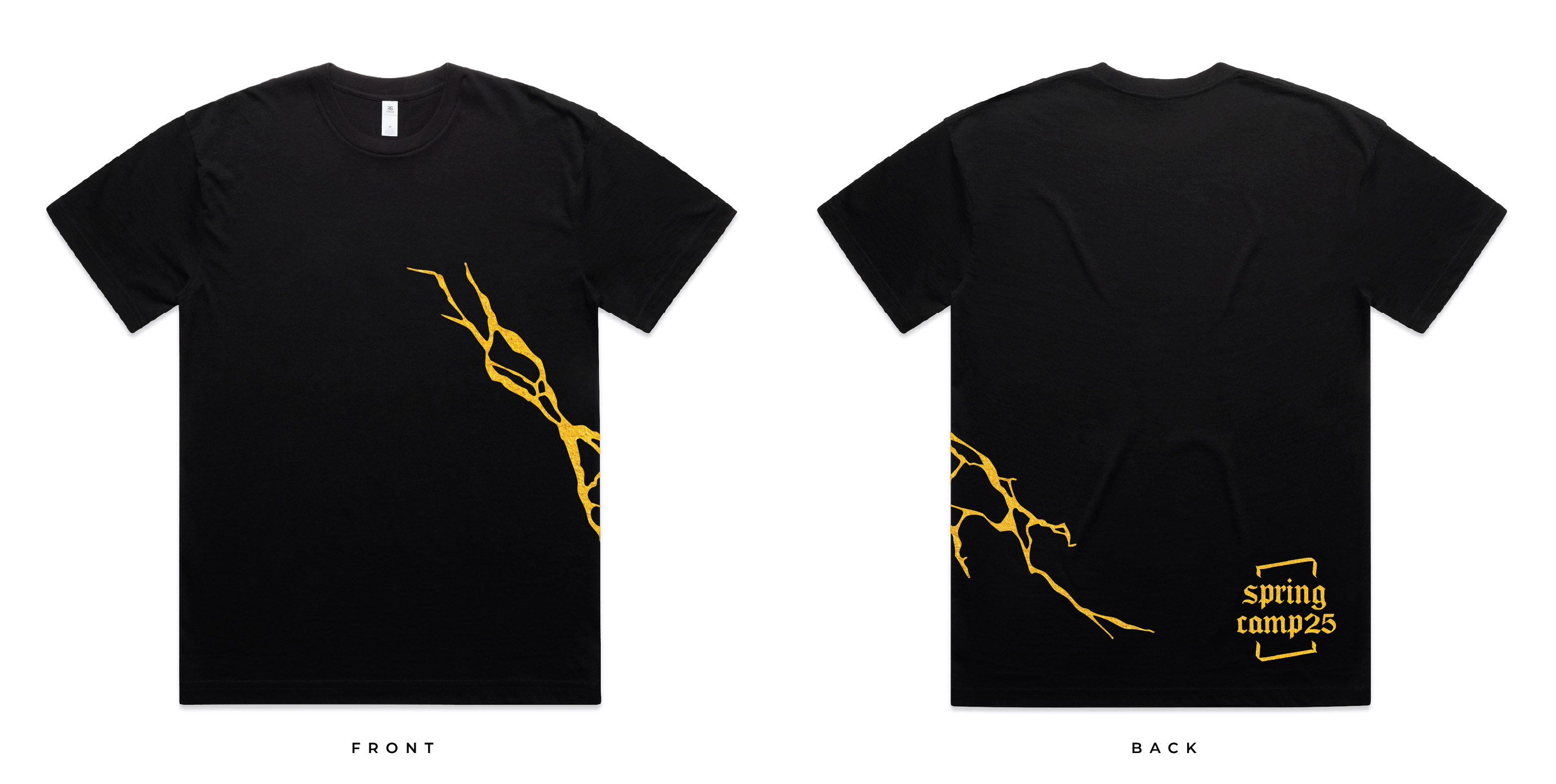 spring camp tees, black with the camp logo on the back and a gold kintsugi crack on the side