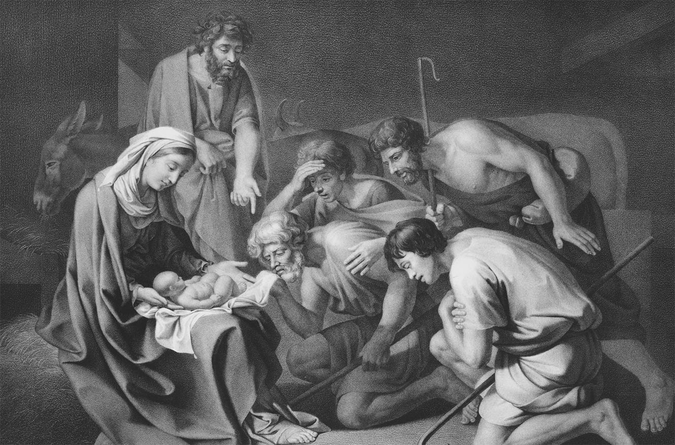 A lithograph called Die Anbetung der Hirten depicting wise men, shepherds, and Mary and Joseph surrounding baby Jesus in awe