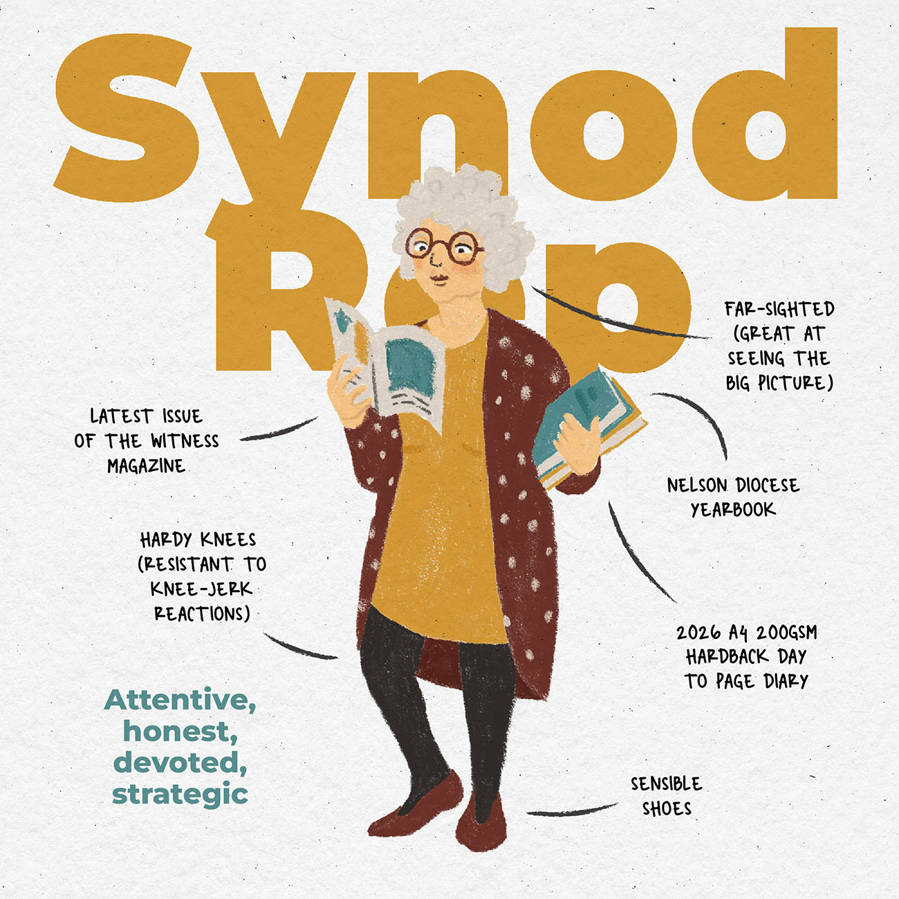 An infographic showing a synod representative depicted as a woman holding a diocesan magazine and several books.