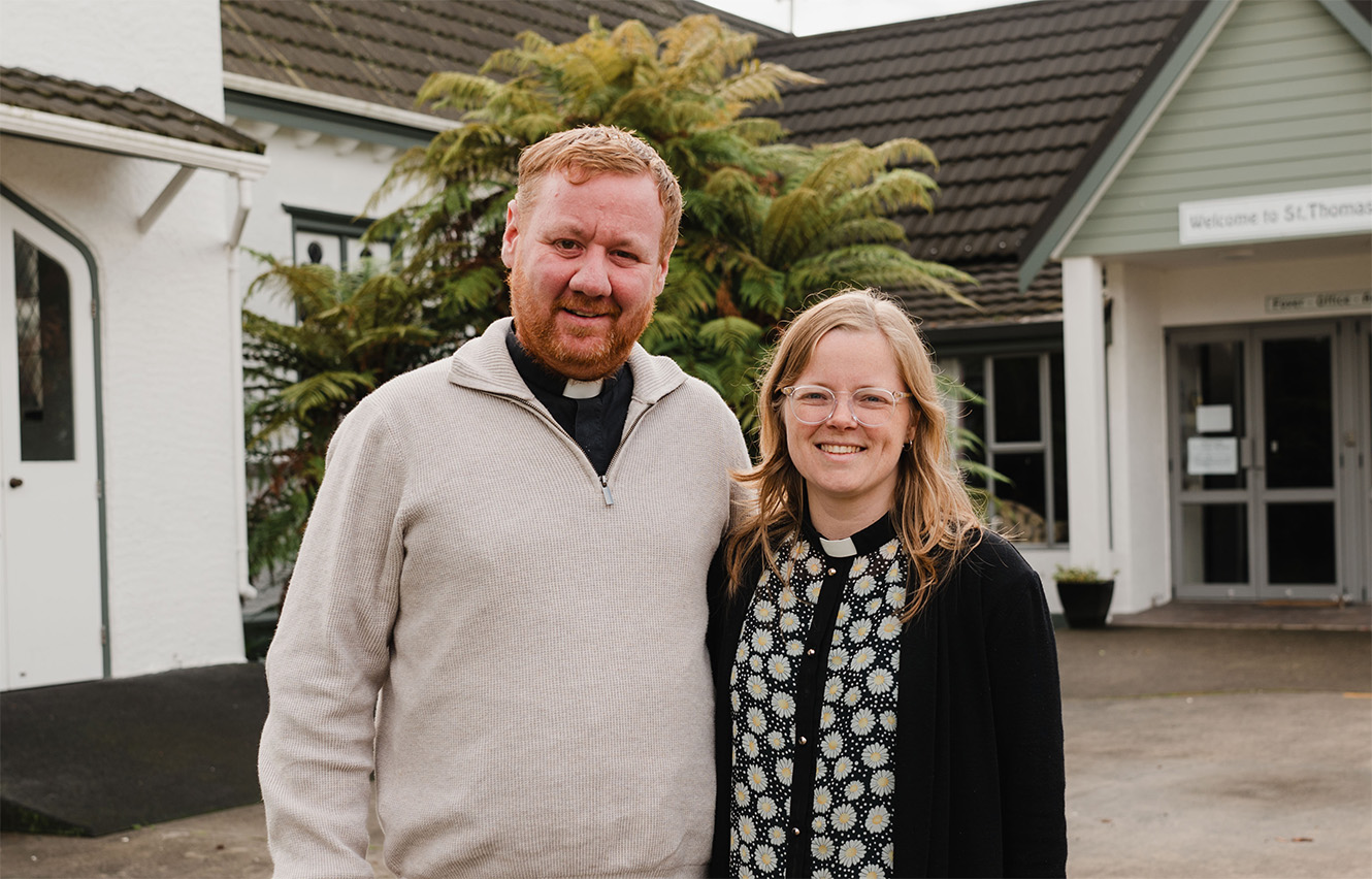 Reverends Andrew and Emily Spence in front of St Thomas Anglican Church in Motueka.