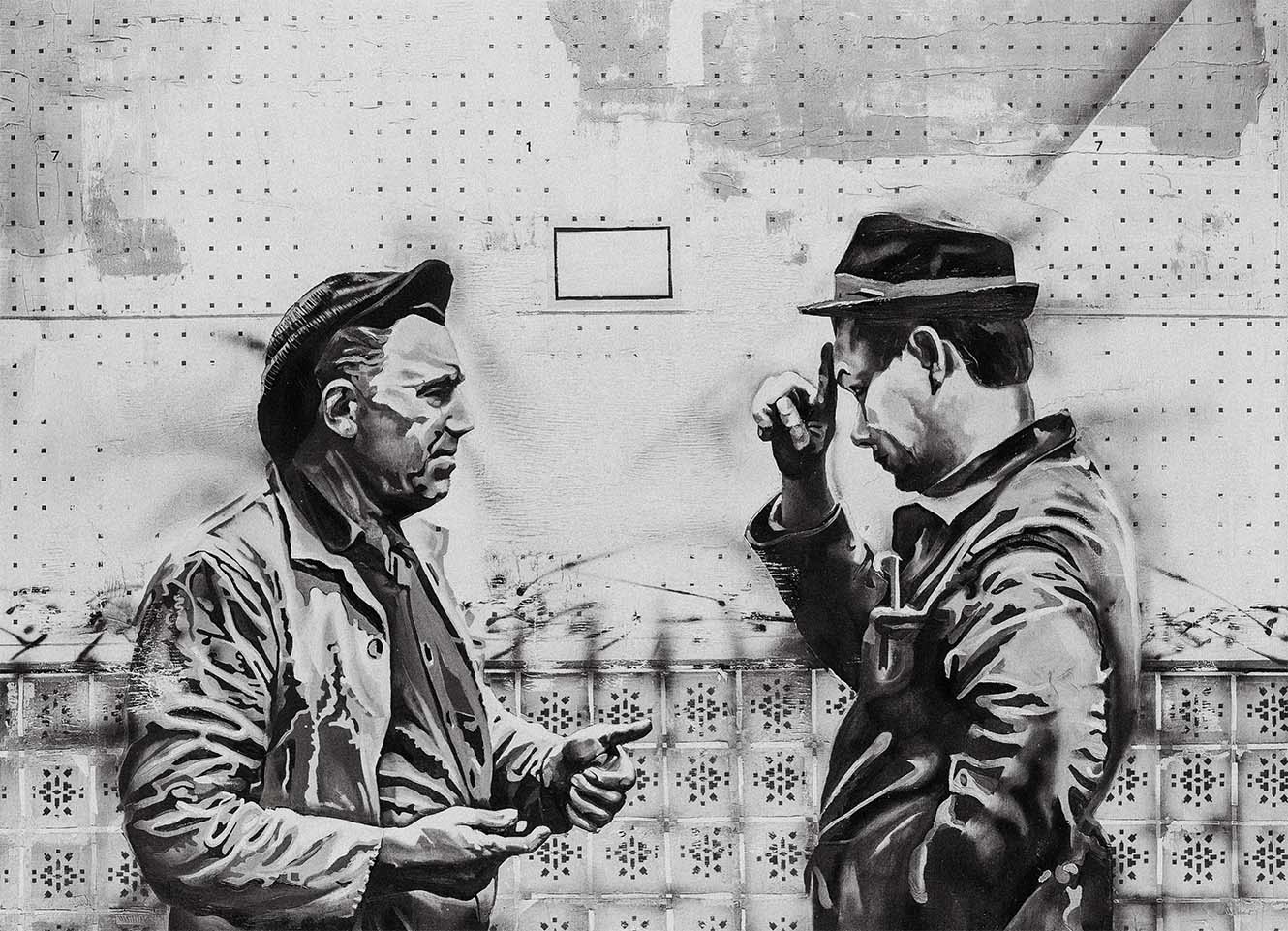 Mõttevahetus by Heitti Polli, 1980. Oil on canvas. Two men exchanging ideas.