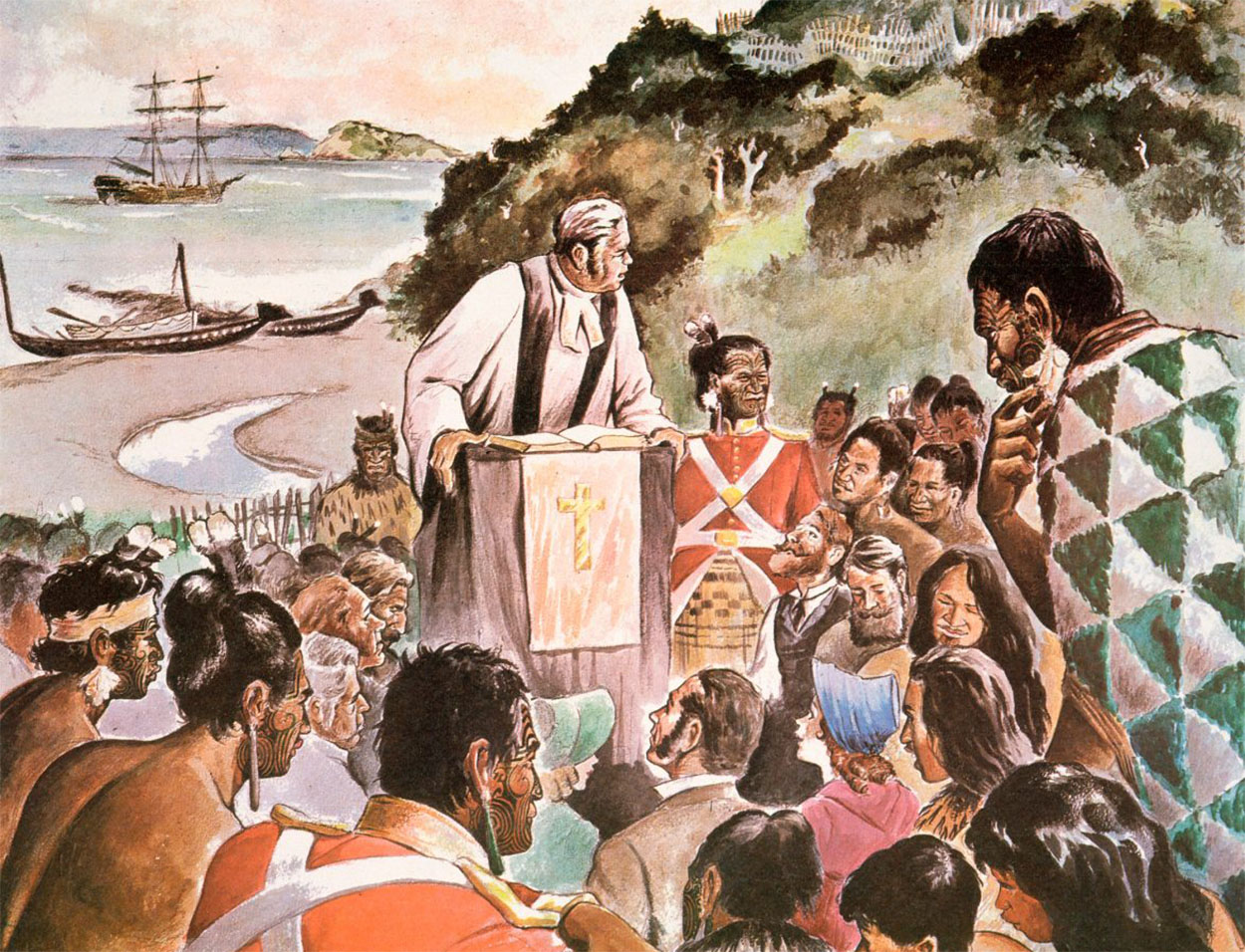 Painting of Samuel Marsden preaching beside Ruatara in Oihi Bay surrounded by Maori and European listeners, by Jack Morgan.