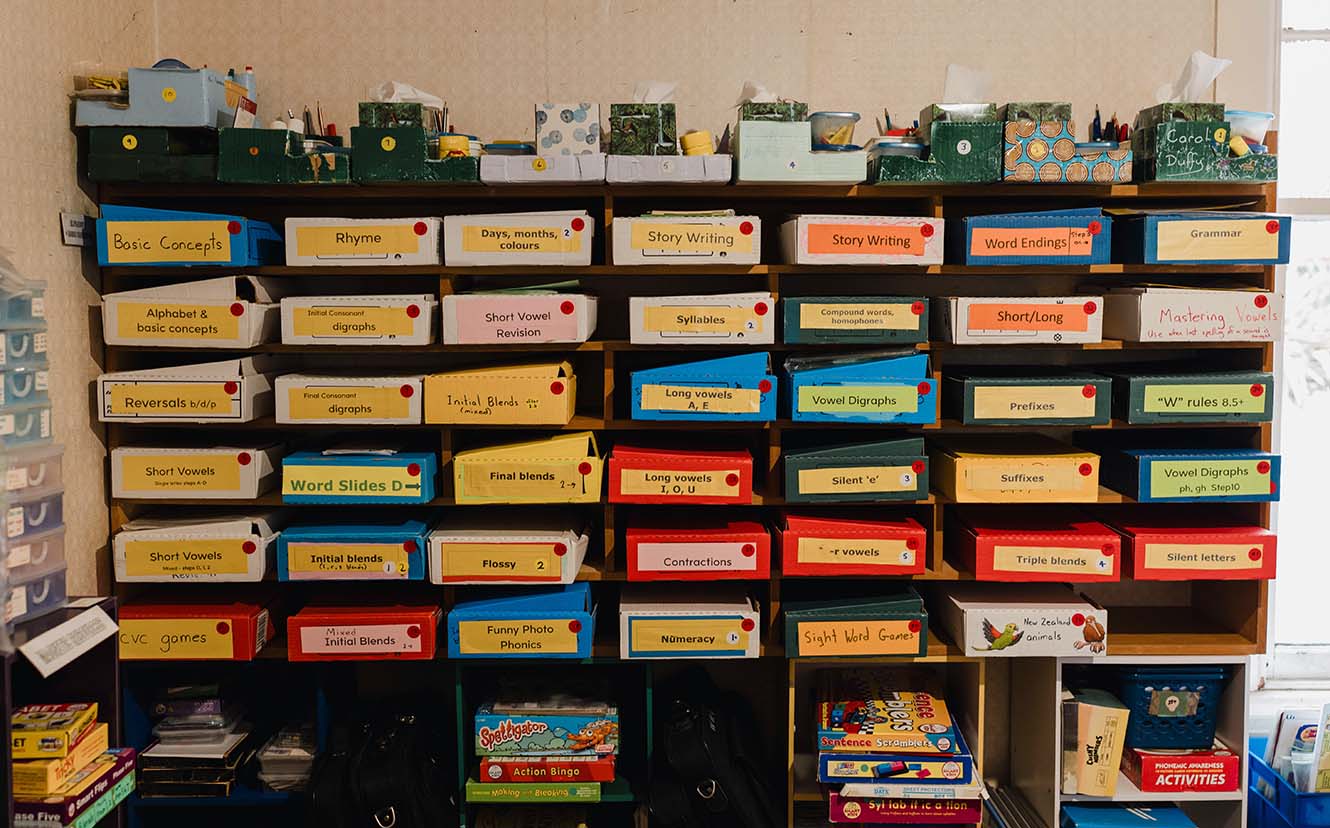 Many shelves of labelled activities, games, tools and other resources