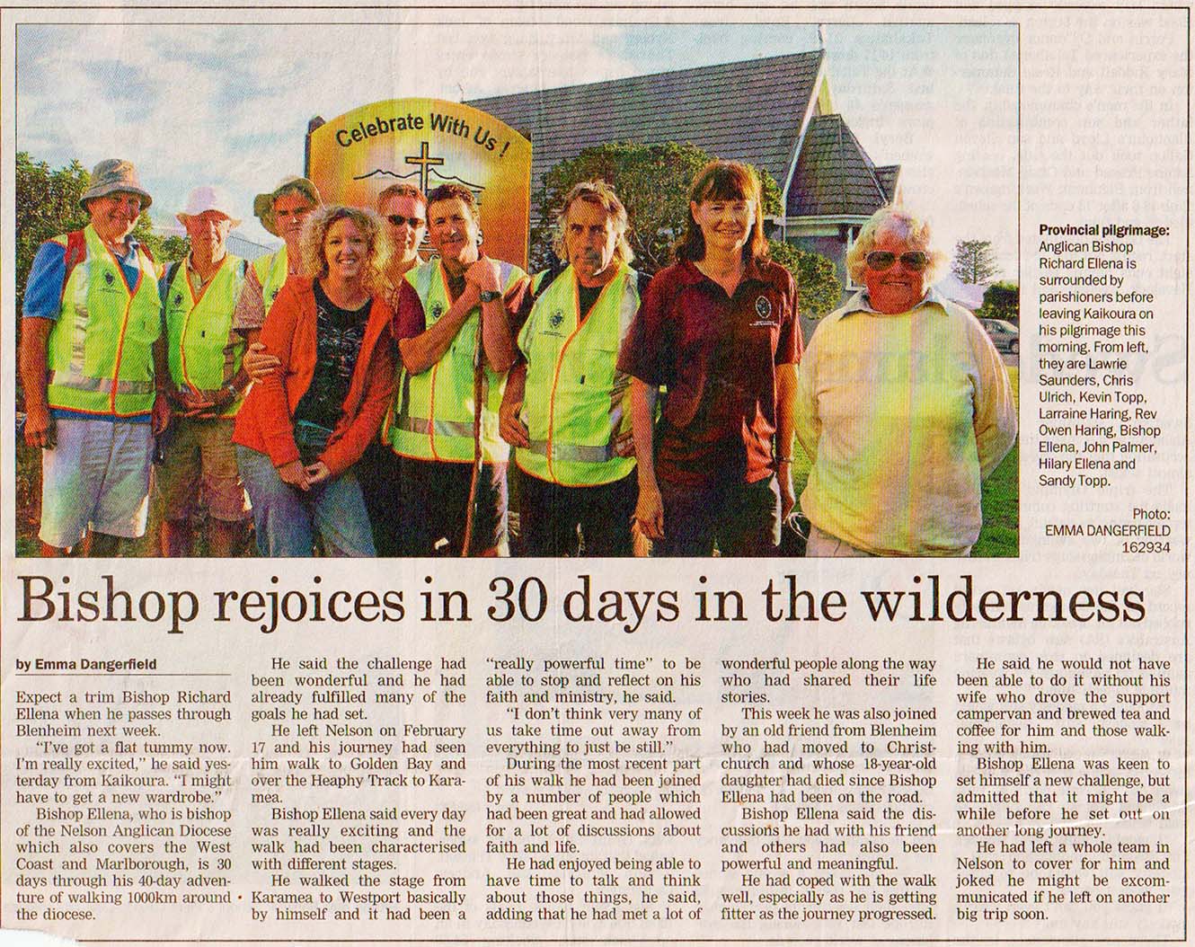 A news clipping showing an article titled "Bishop rejoices in 30 days in the wilderness"