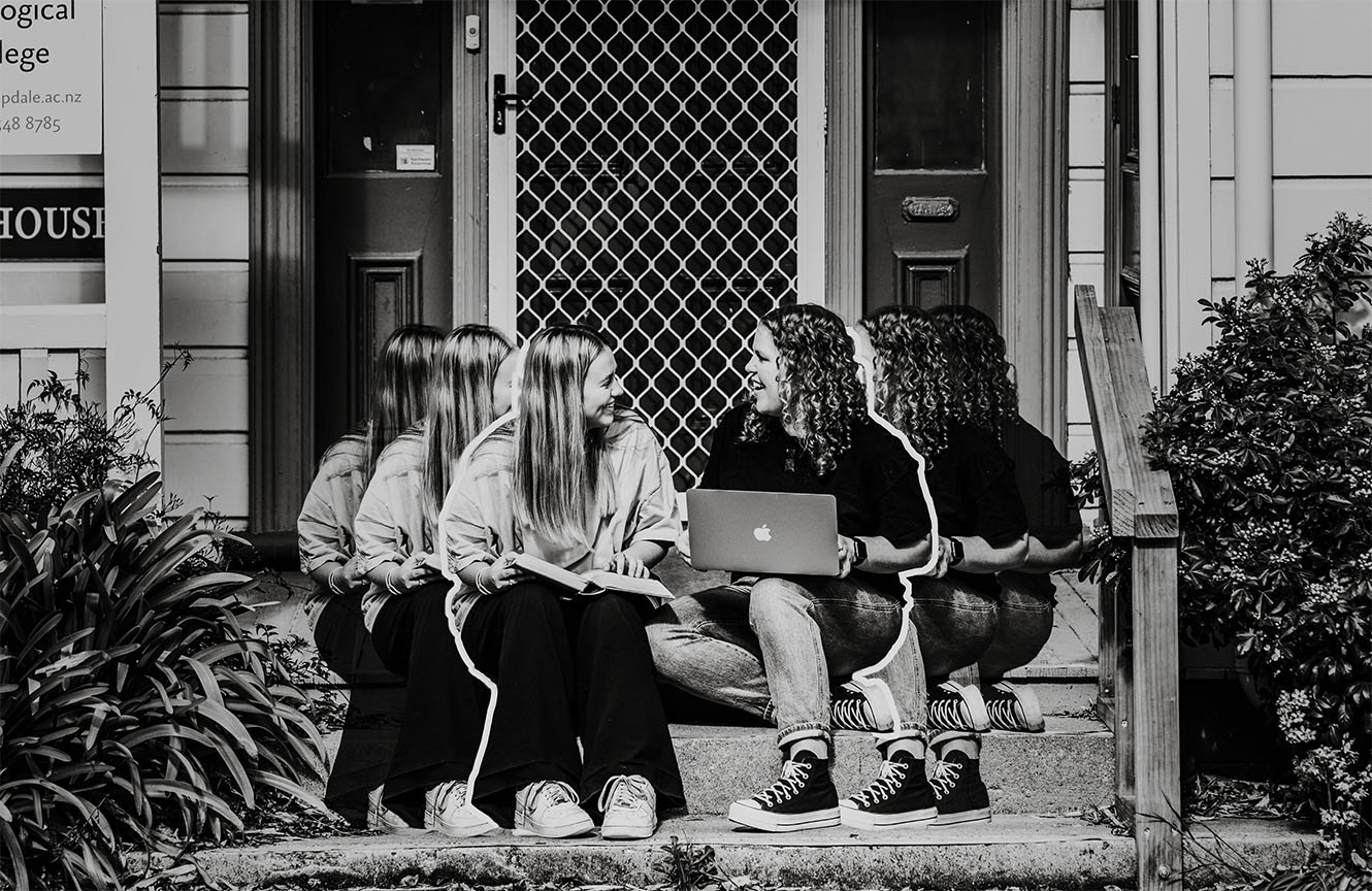 two women on the steps of Bishopdale College, their bodies being copied and pasted on either side